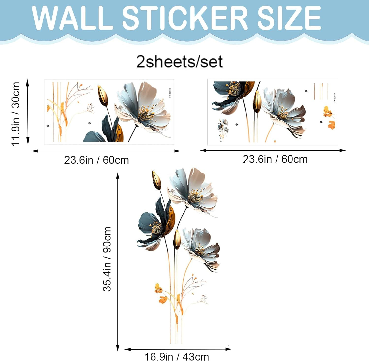 Black and Gold Wall Decor Decals, 3D Flower Wall Stickers Floral Gold Leaves Pla