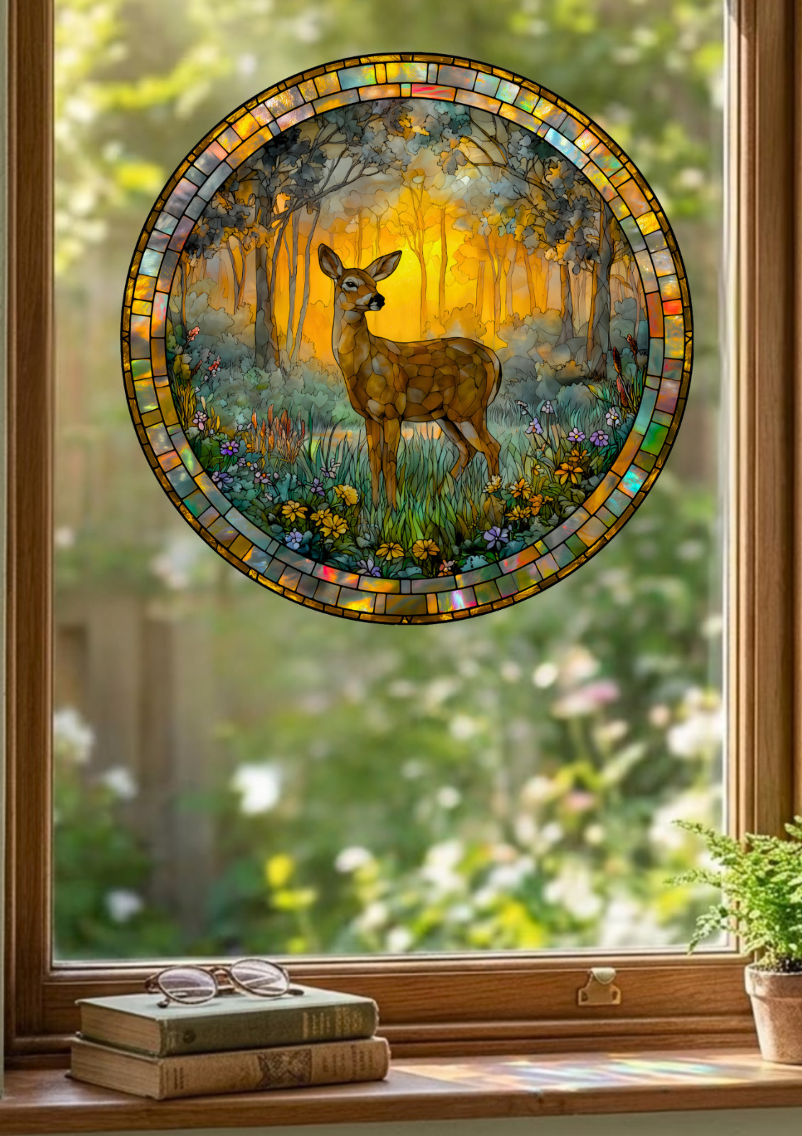 Deer Faux Stained-Glass WINDOW CLING Size 8" Round, Repositionable Vinyl