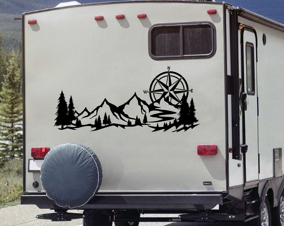 Mountains with Compass Rose Vinyl Decal V1 – Camping RV Travel Trailer Scene