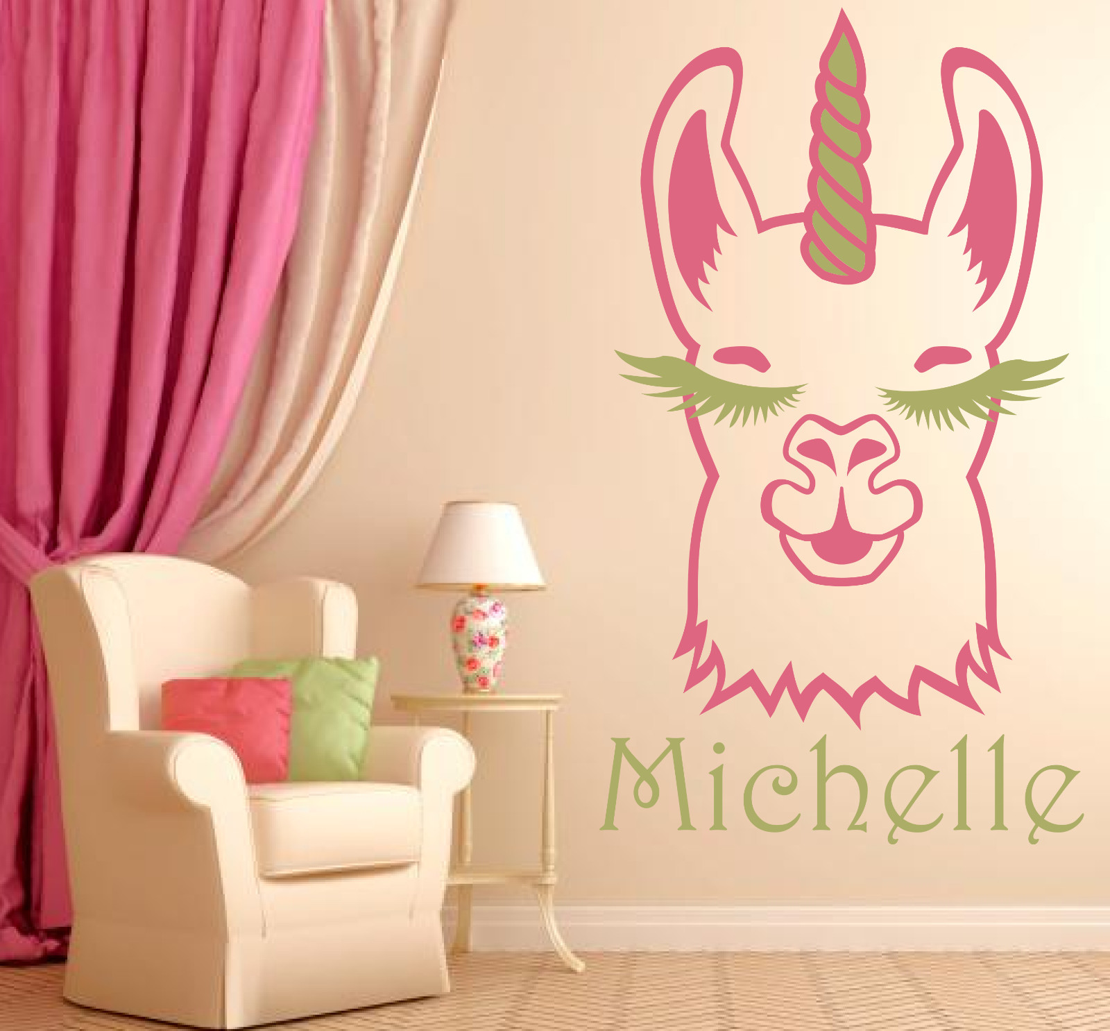 Llama Unicorn PERSONALIZED NAME LARGE WALL VINYL DECAL ART 22" COLOR CHOICES