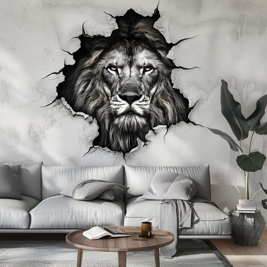 3D Lion Head Wall Decal – Majestic Lion Sticker – Realistic Monochrome Animal