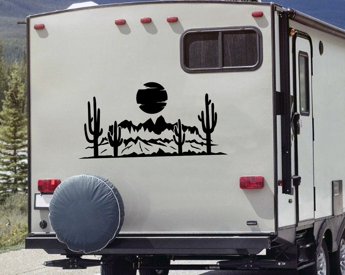 Desert Cactus Mountain Scene V4 Vinyl Decal – Sun RV Camper Graphics – Sticker