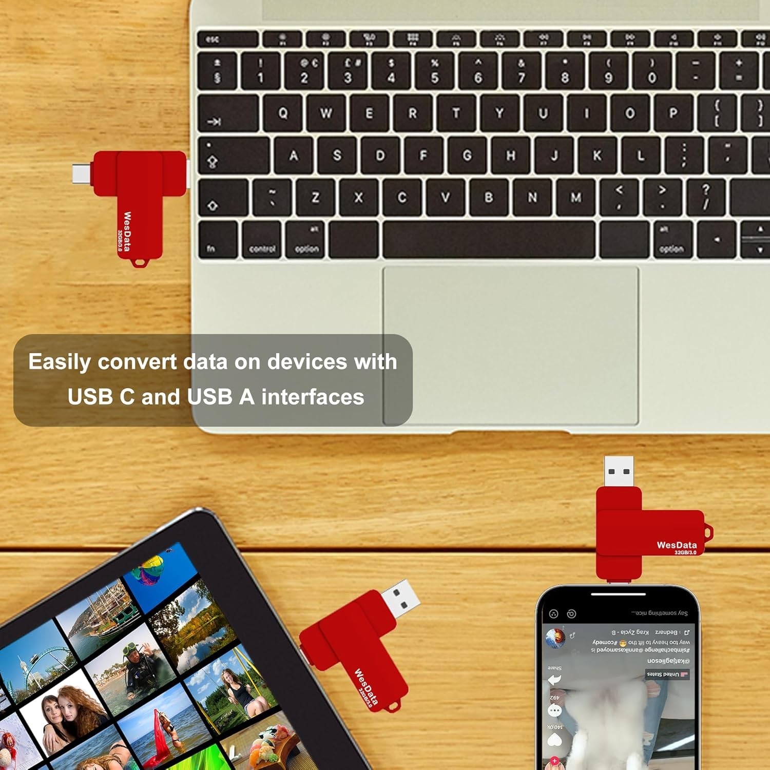 32GB 3.0 USB C Flash Drive with Type C and A Port, C 3.0, Red
