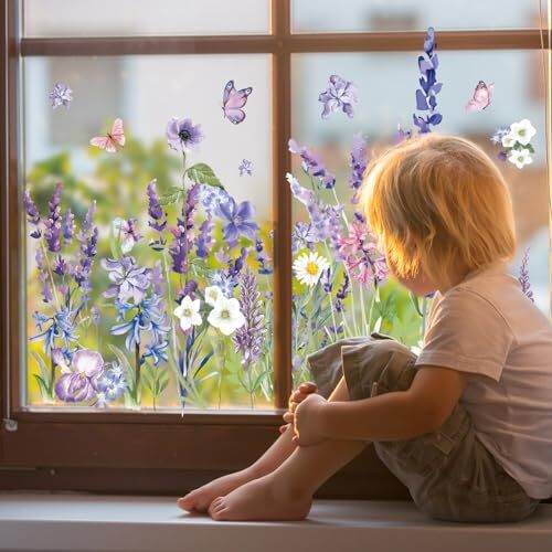 69Pcs Spring Summer Lavender Window Clings Blooming Lavender Butterfly Window