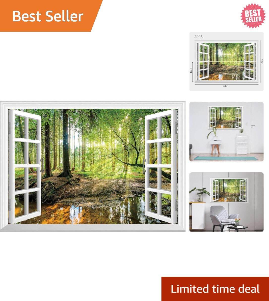 Tropical Jungle Faux Window Wall Mural – 48"x32" Decorative Stickers Set