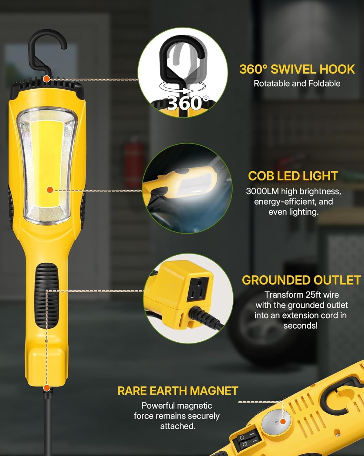 24W LED Work Light, 25FT 3000LM COB LED Light, Handheld Underhood Trouble Light