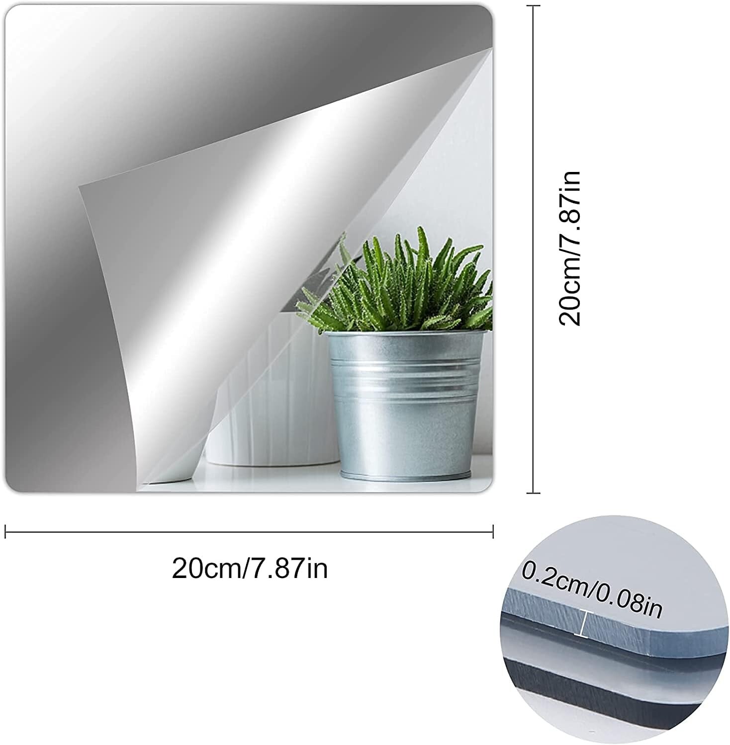 Self Adhesive Acrylic Mirror Tiles – Frameless, 2MM Thick – 4 Pack 8×8 Inches