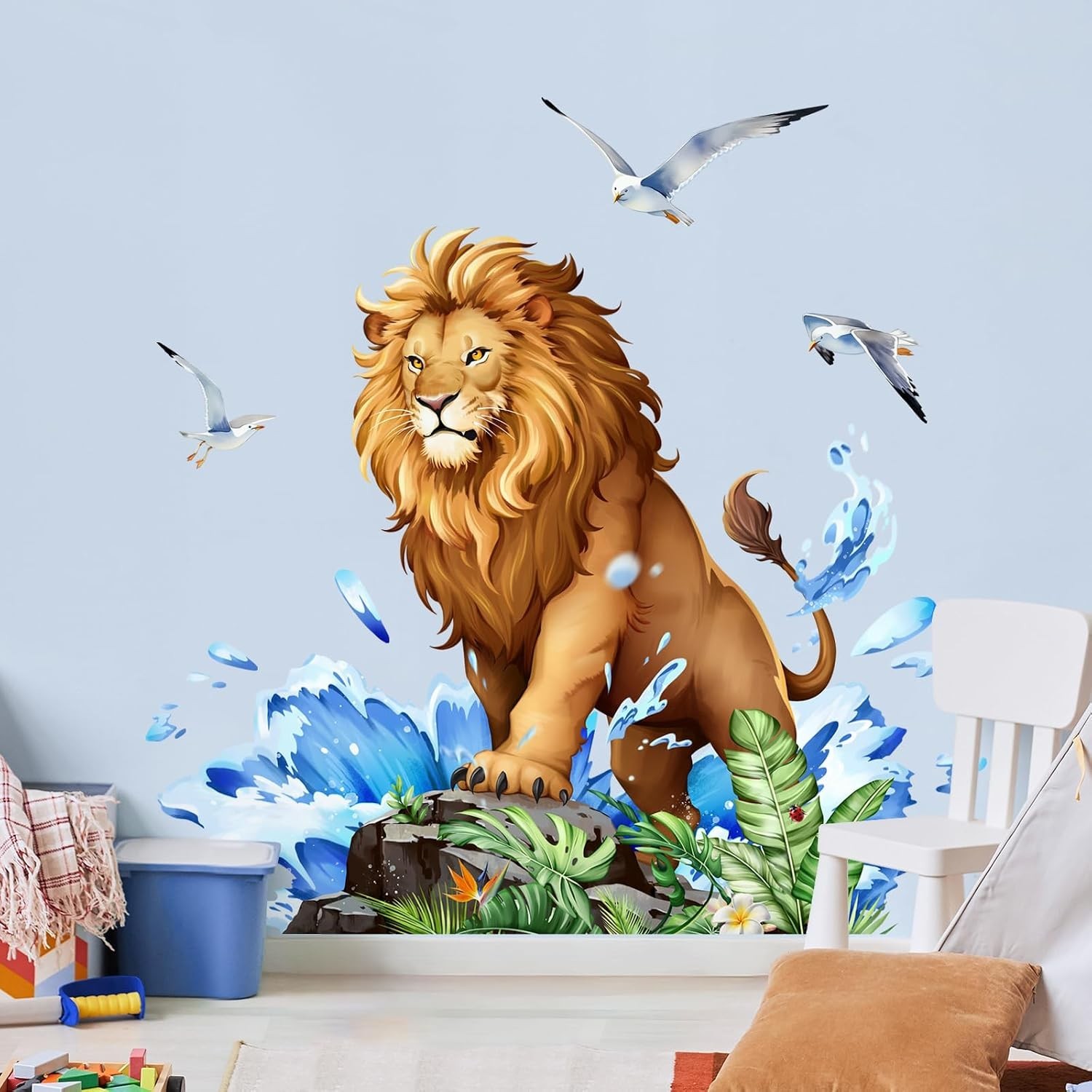 Lion Wall Decals Safari Animal Wall Sticker with Leaves Waves | Peel and Stic…