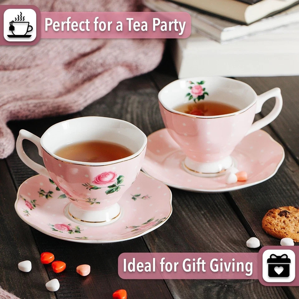 BTaT- Floral Tea Cups and Saucers Set of 2 (8 oz), Porcelain Tea Cup Sets, Pa…