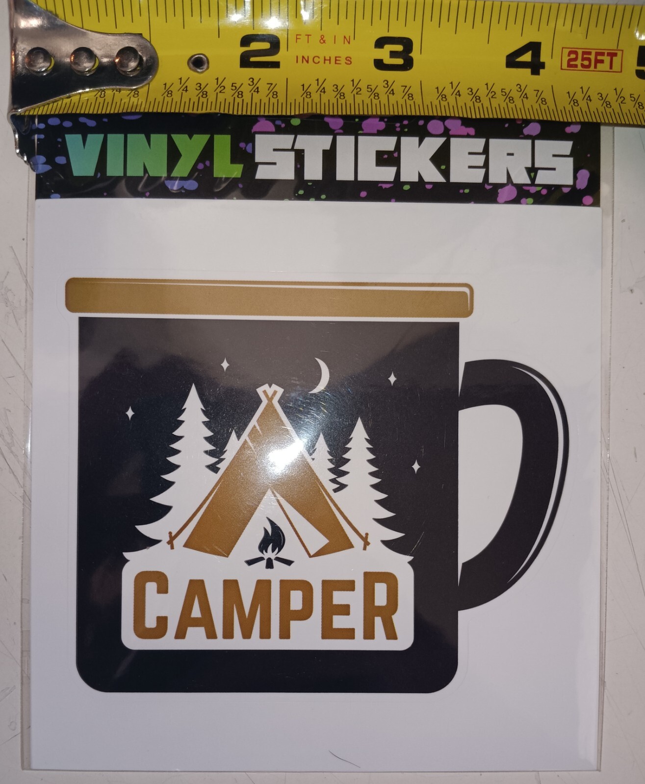 "Camper" Tent/Campfire – Vinyl Sticker – 4.25in x 4in.