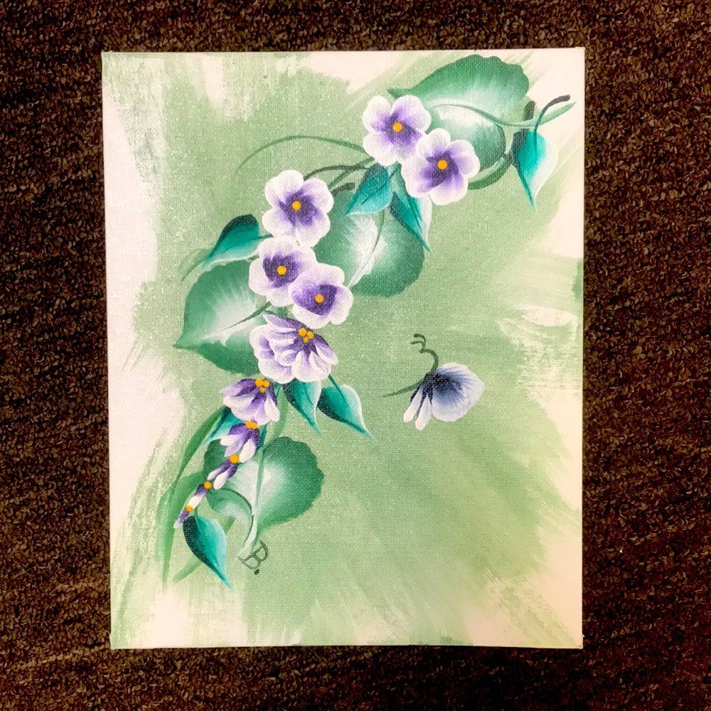 2 Original Signed Flowers & Butterfly Acrylic Paintings on 8×10 Canvas Boards