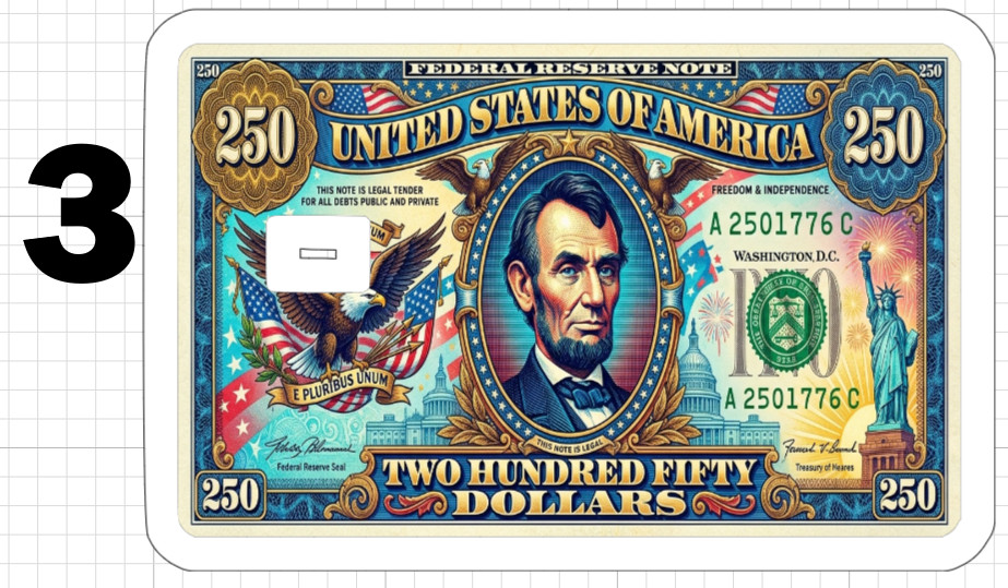 250 Dollar Bill Credit Debit Gift Card Skin ATM Sticker America USA Birthday US