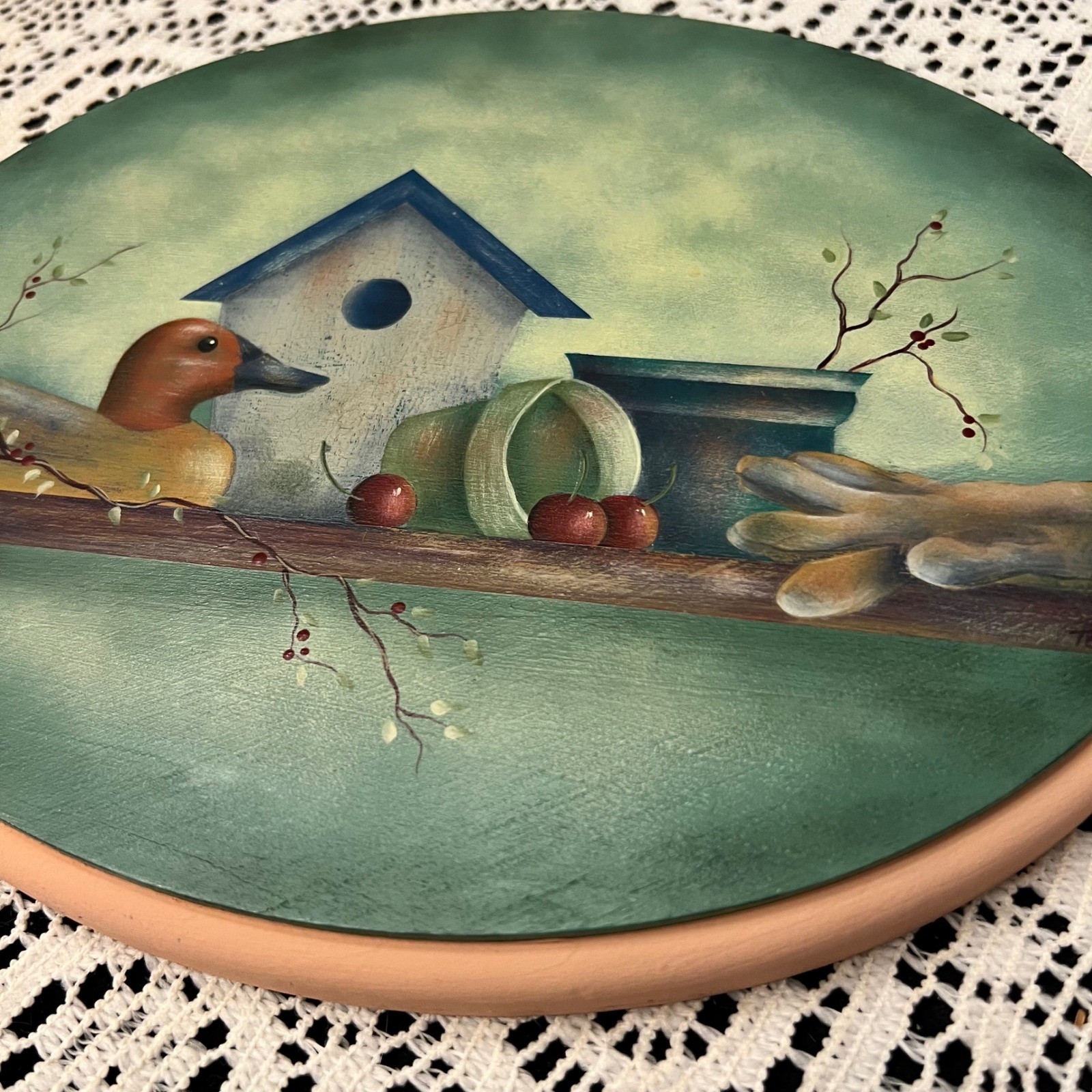 Vintage Oval Hand Painted Plaque | Duck Birdhouse Garden | Cottage