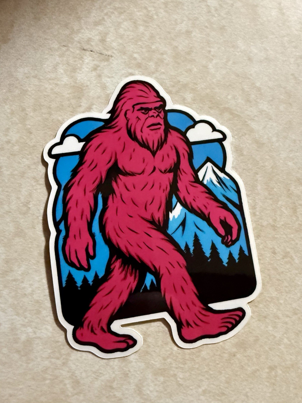 Hot Pink Sasquatch Sticker – Retro Bigfoot Mountain Decal 3×4 Inch Vinyl Glossy