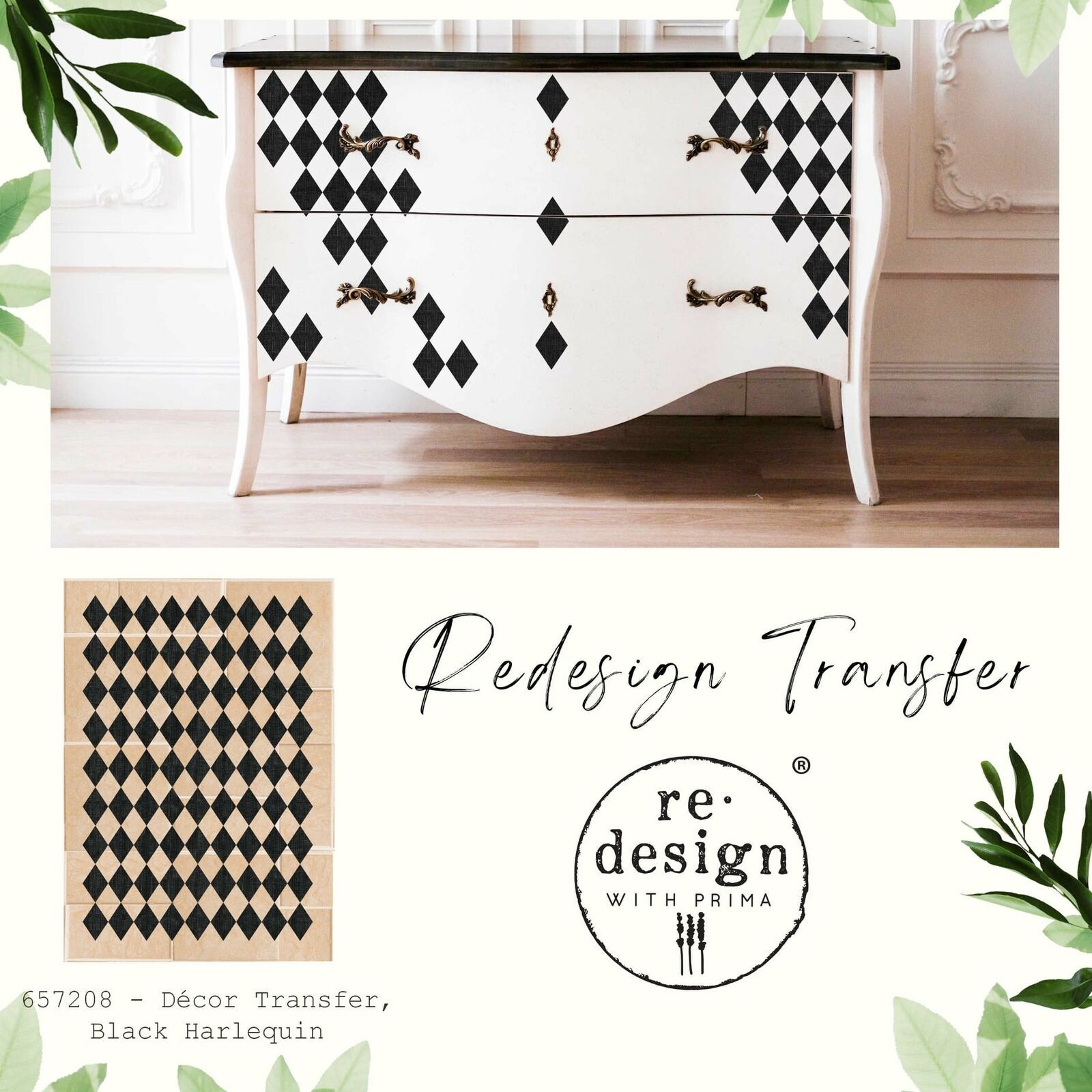 Re Design by Prima Transfer Sticker Harlequin 24×35" Black Diamond Motif