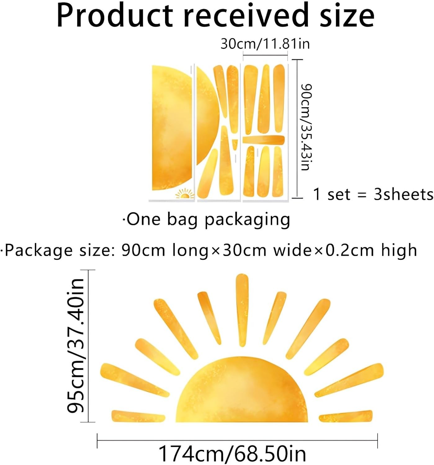 68.5 x 37.4-inch large sun wall decal, removable vinyl sticker