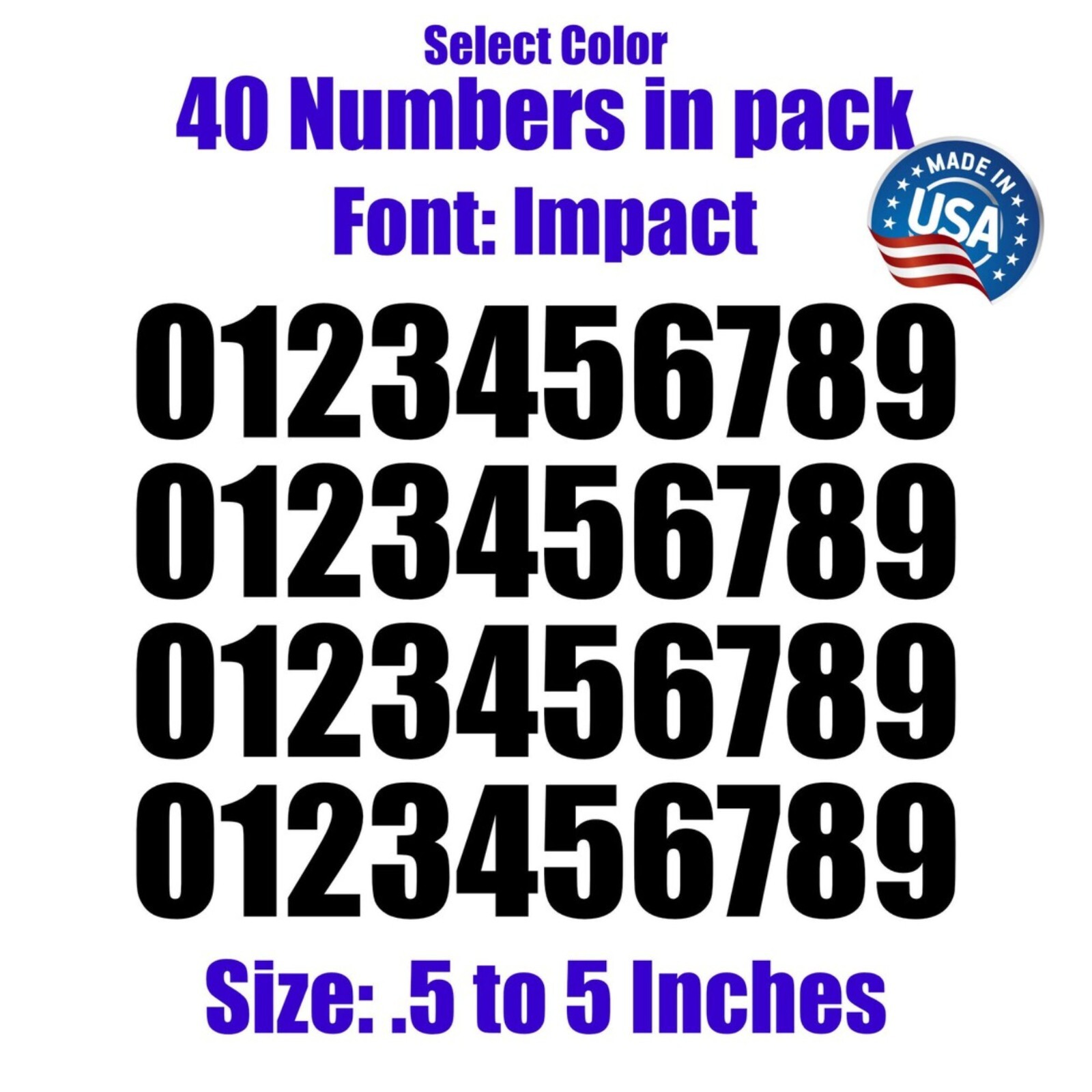 0-9 Numbers Font: IMPACT Set of 40 Vinyl Decals – Select Color Size 1/2" to 5"