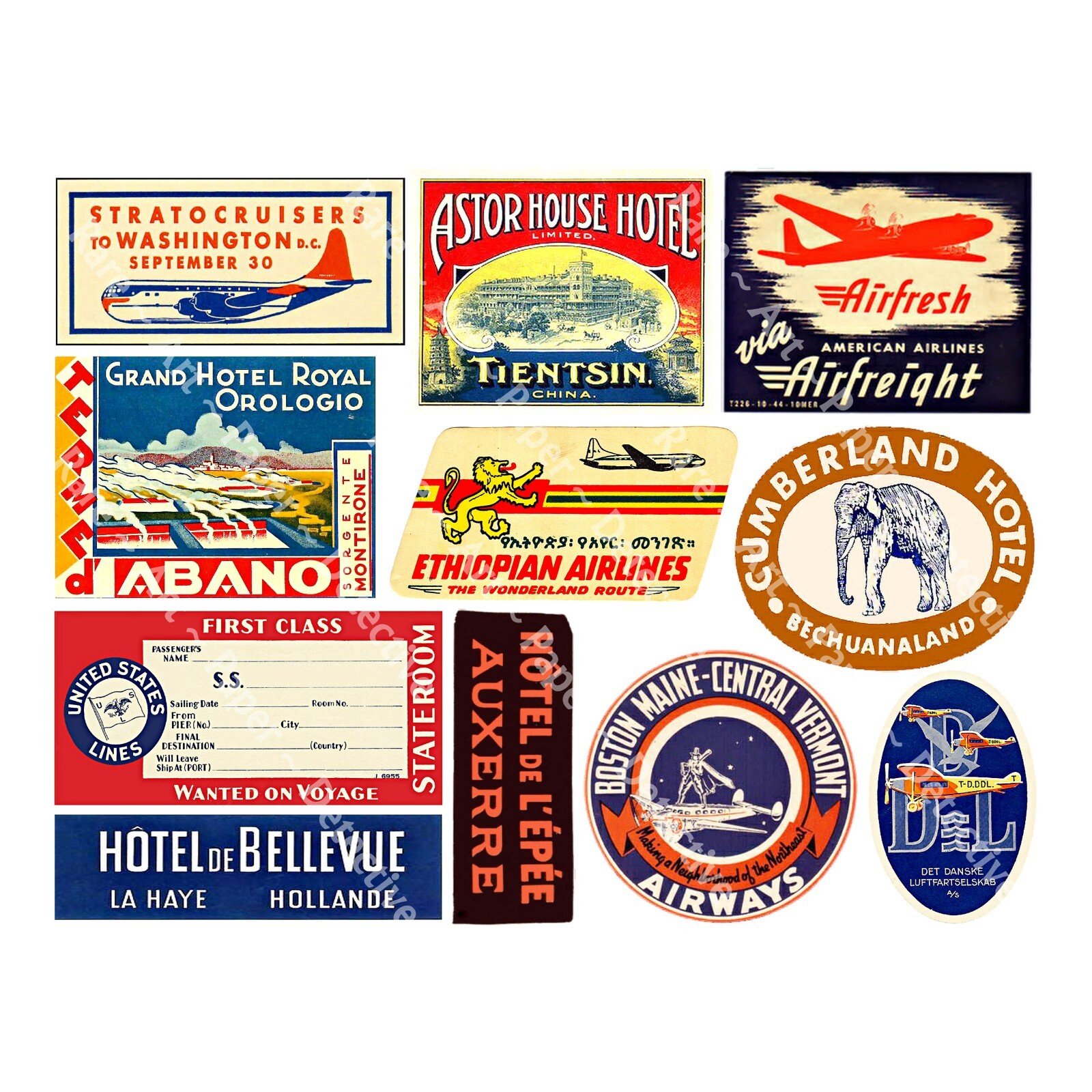 Travel Label Stickers, Luggage Labels & Baggage Tags, Reproduction Sticker Sheet