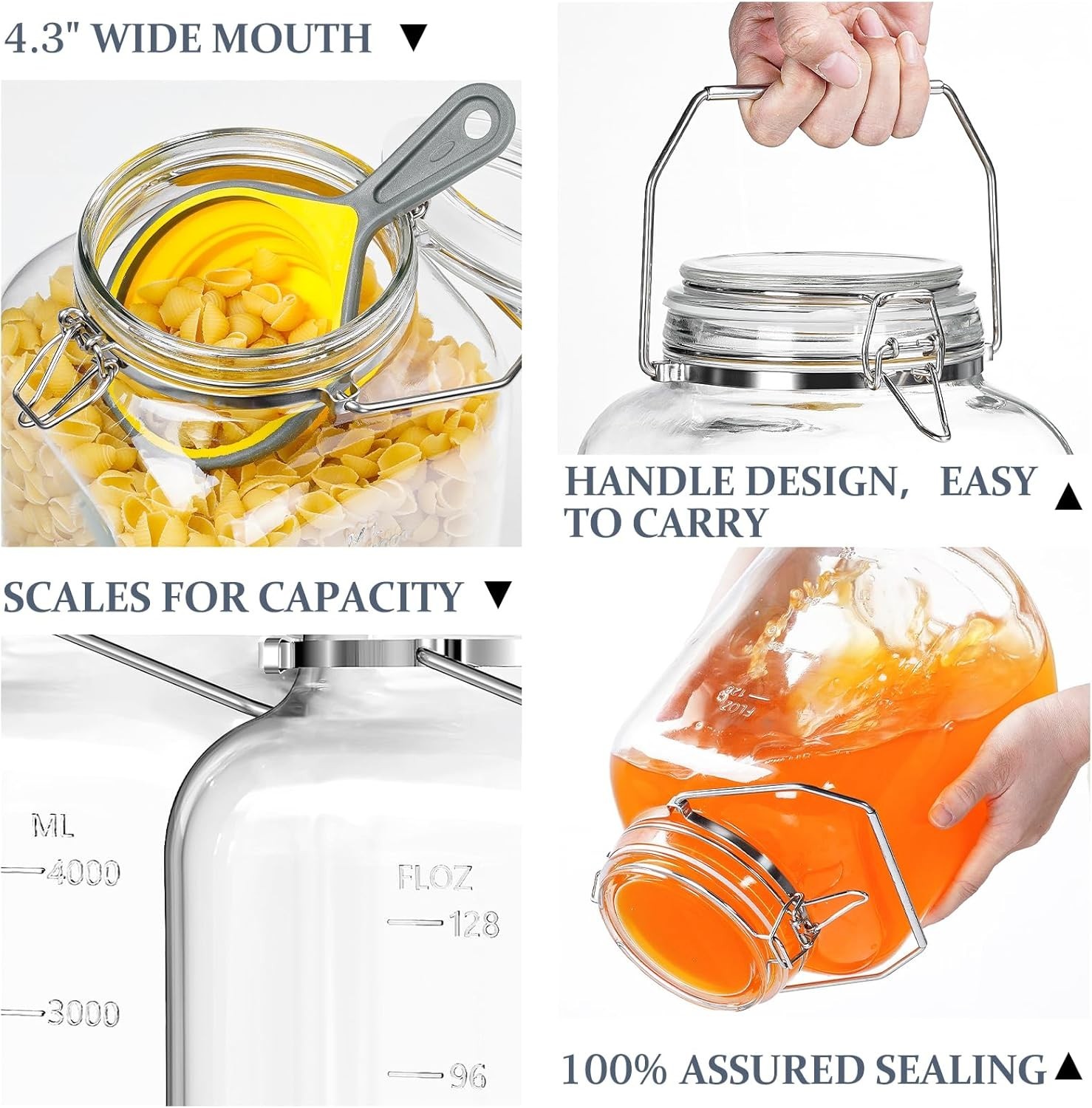 2 Pack 1.5 Gallon Glass Jar with Airtight Lid, 192 Oz Square Wide Mouth Mason Ja