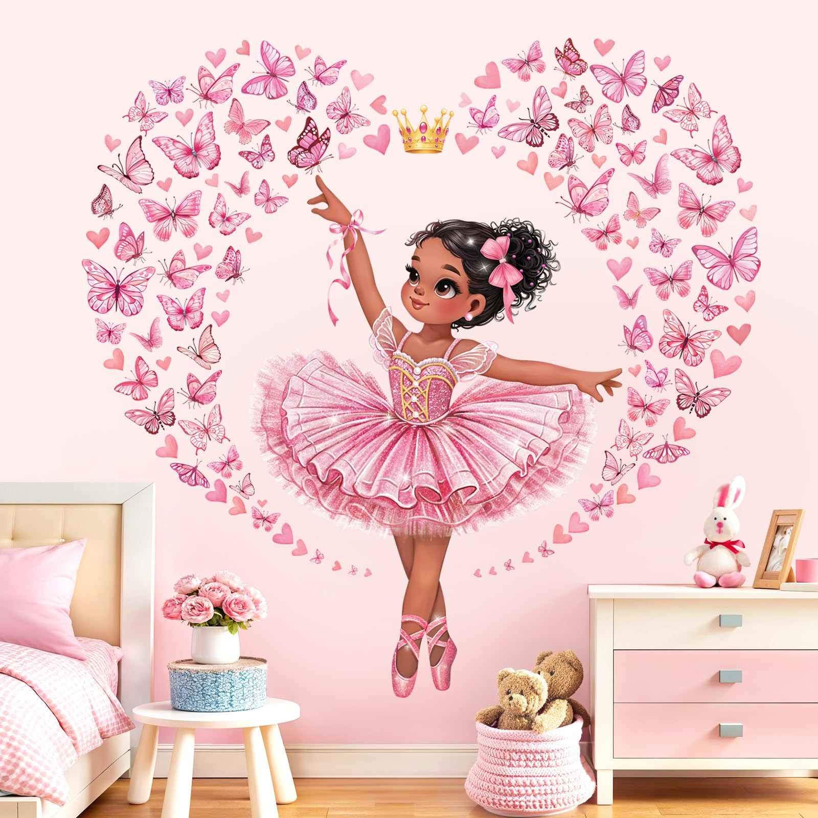 Black Dancing Girl Ballerina Wall Stickers Princess Pink Butterfly Wall Decal…