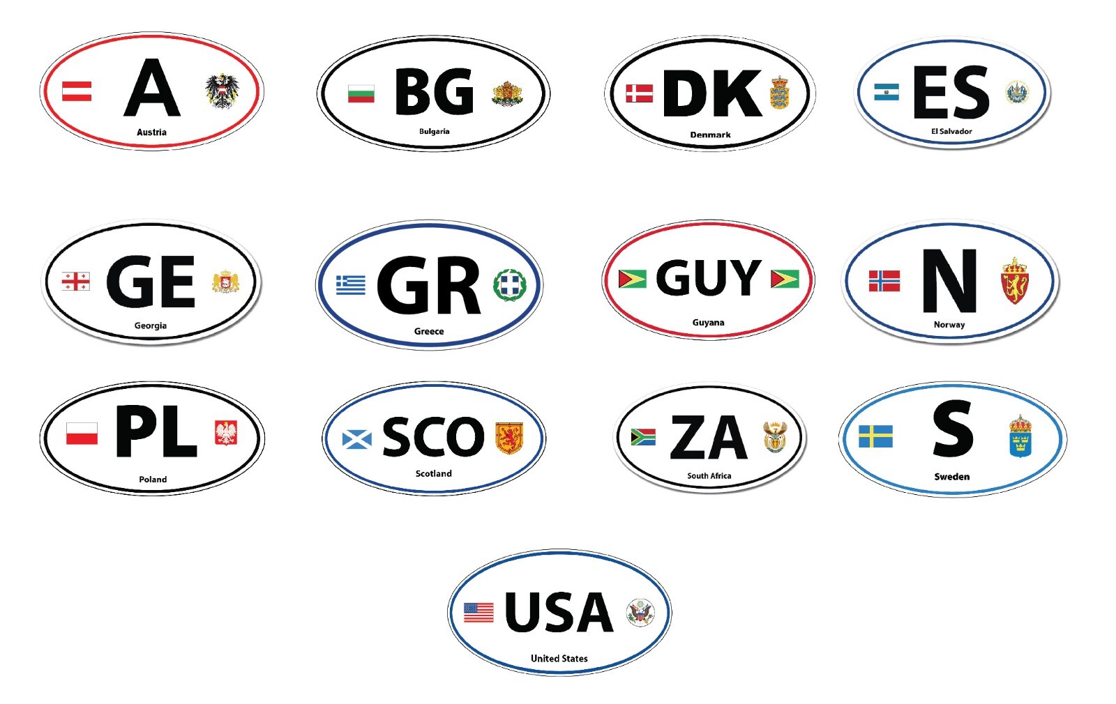 Country Code Euro Style Oval Flag Crest Vinyl Sticker / Wall, Car, window Decal