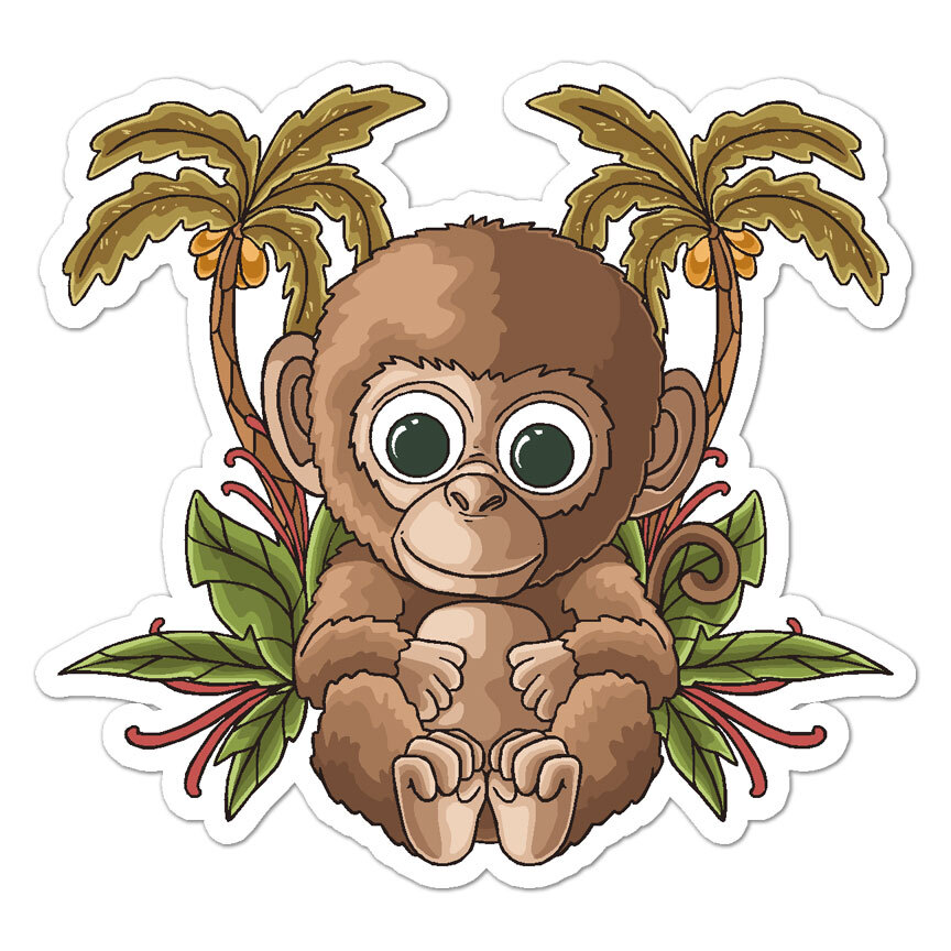 Monkey Coconut Palm, Vinyl Decal Sticker, Indoor Outdoor, 3 Sizes, #9042