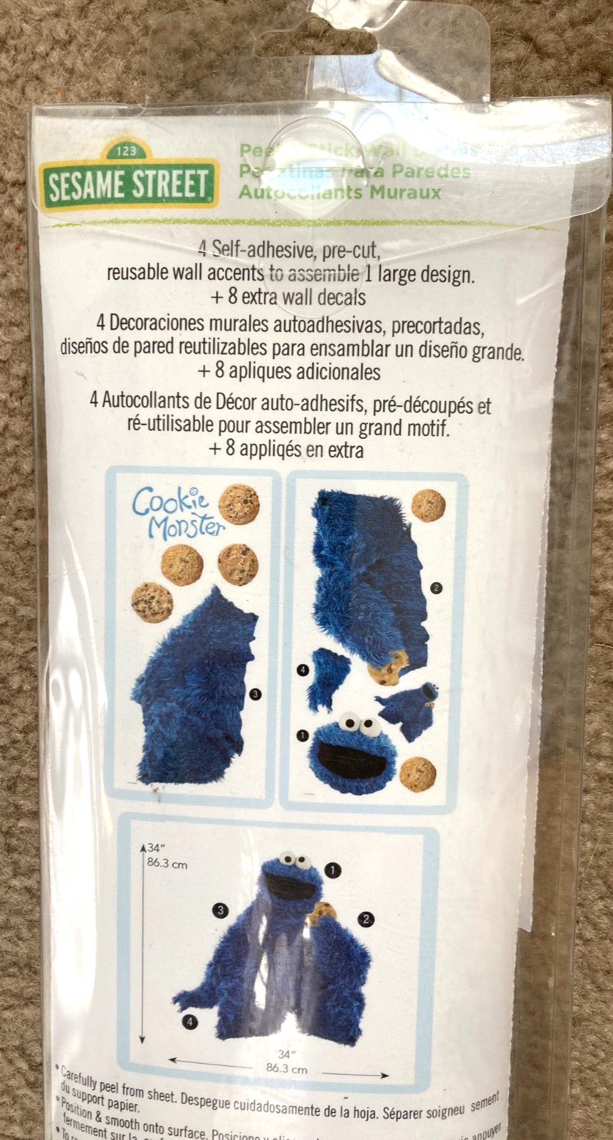 Cookie Monster Sesame Street Wall Art Kit 12 pieces Peel Stick Move – NEW