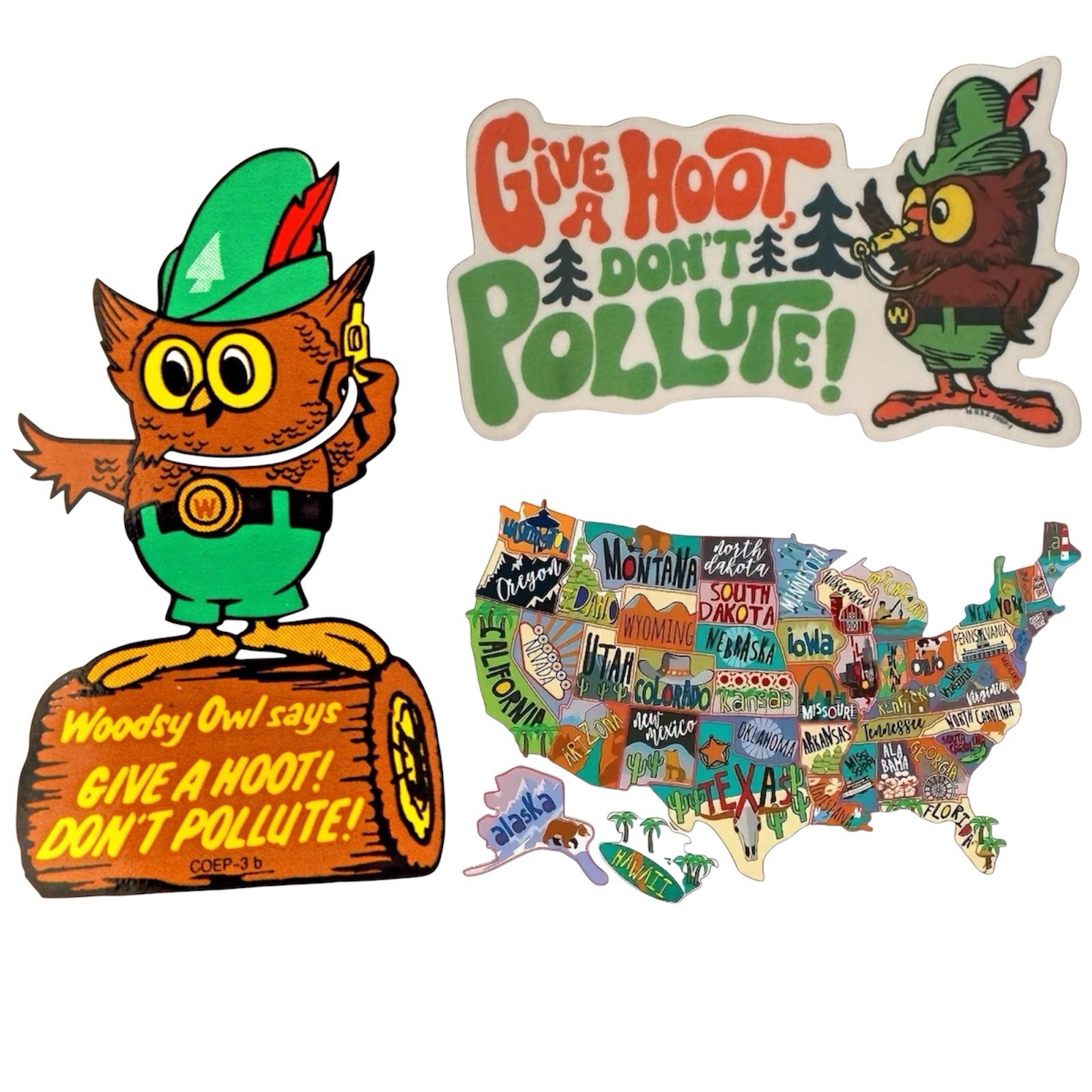 Retro Woodsy Owl Give Hoot Don’t Pollute USA Map 3” Vinyl Sticker Decal 3PC Set