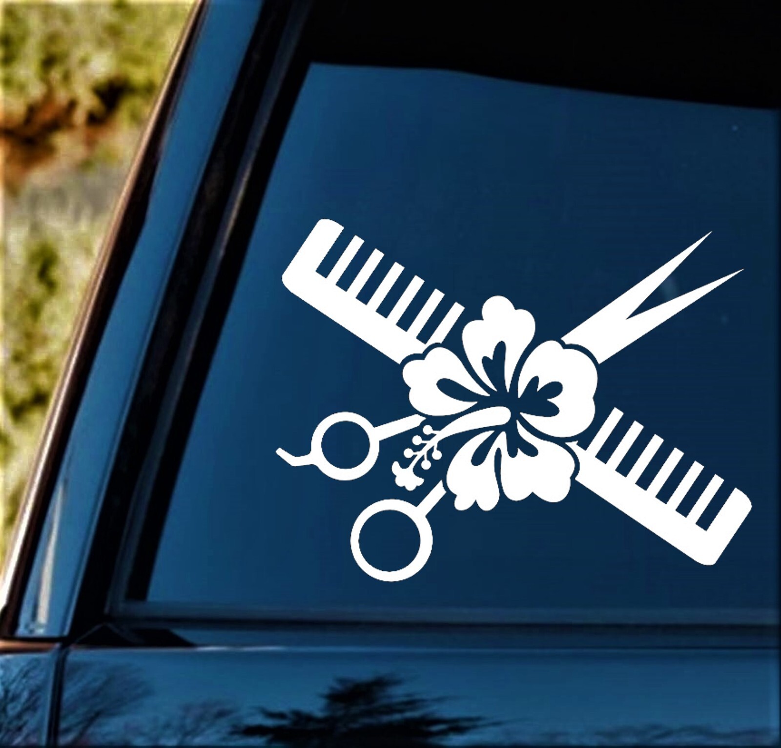 HAIR STYLIST HAIR DRESSER SALON SCISSORS DECAL STICKER TRUCK SUV HIBISCUS A1001