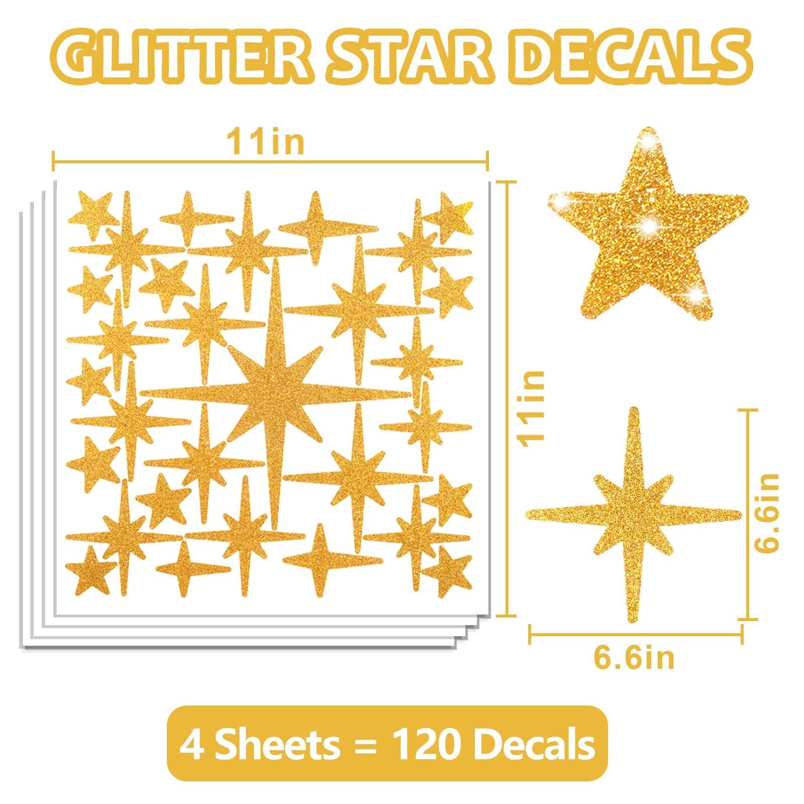 AOWDIAO Glitter Gold Star Peel and Stick Wall Decals – 120 Pcs, Assorted Shap…