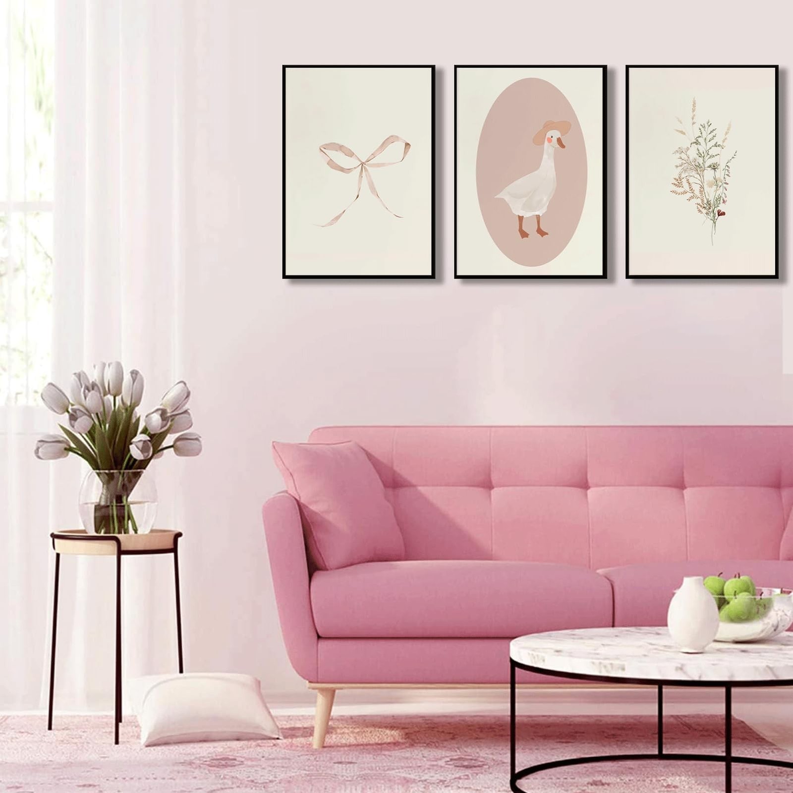3Pcs Girls Nursery Wall Art Vintage Goose Wall Decor Pictures Pink Bow Poster…