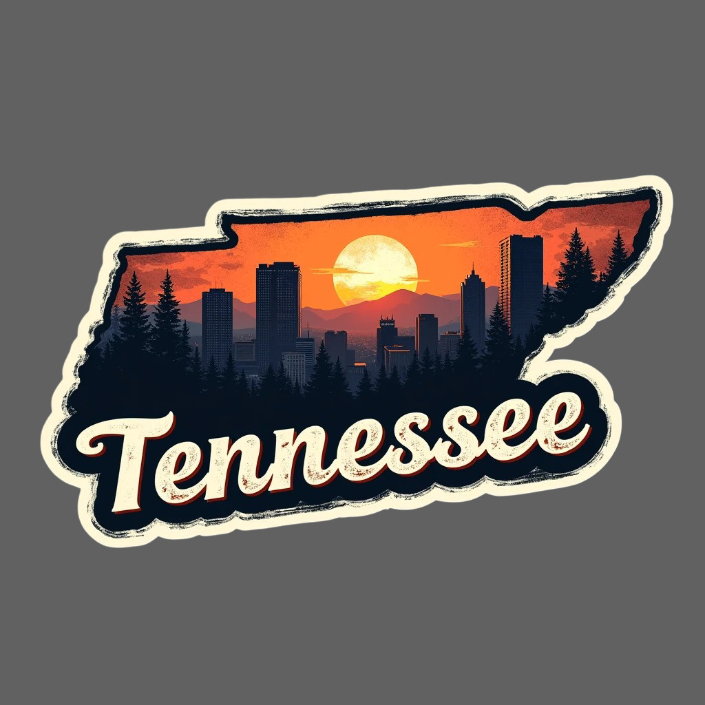 Tennessee Sticker Vinyl Decal State Shape Skyline Sunset Vintage Style