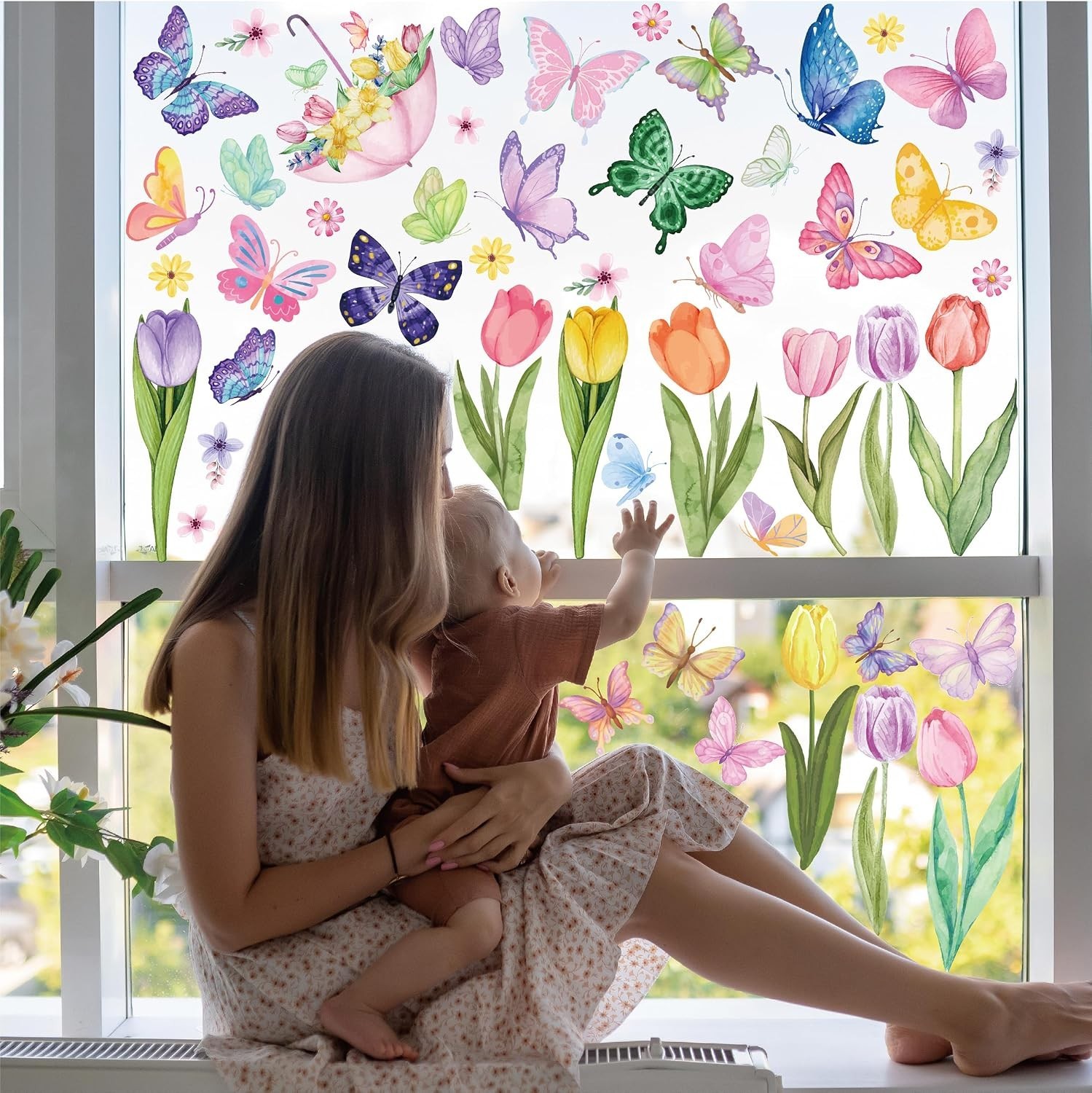 Spring Window Cling Sticker – 83PCS Tulip Butterfly Flower Hummingbirds Windo…