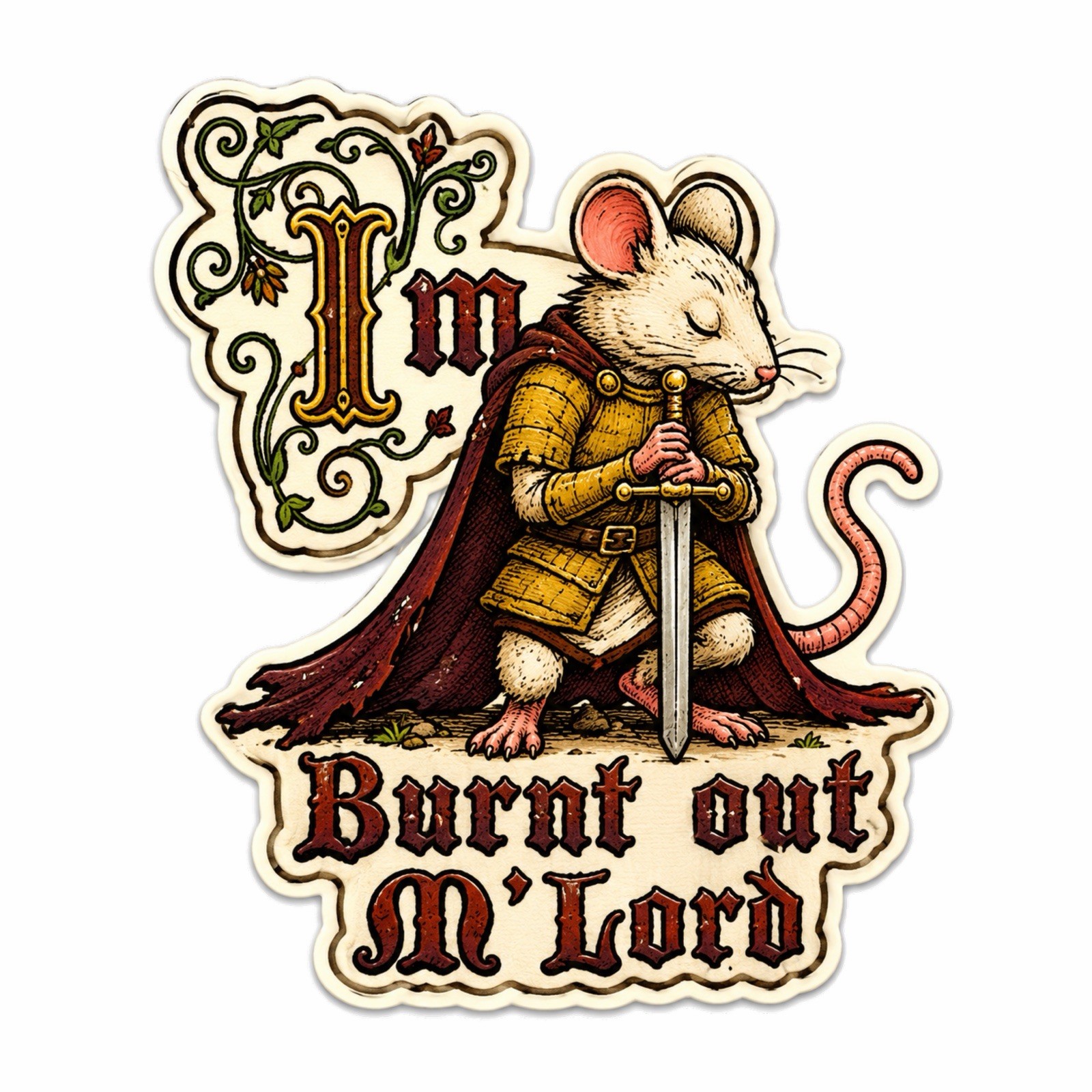 I’m Burnt Out M’Lord Funny Mouse Knight Vinyl Sticker Tumblr Locker Laptop