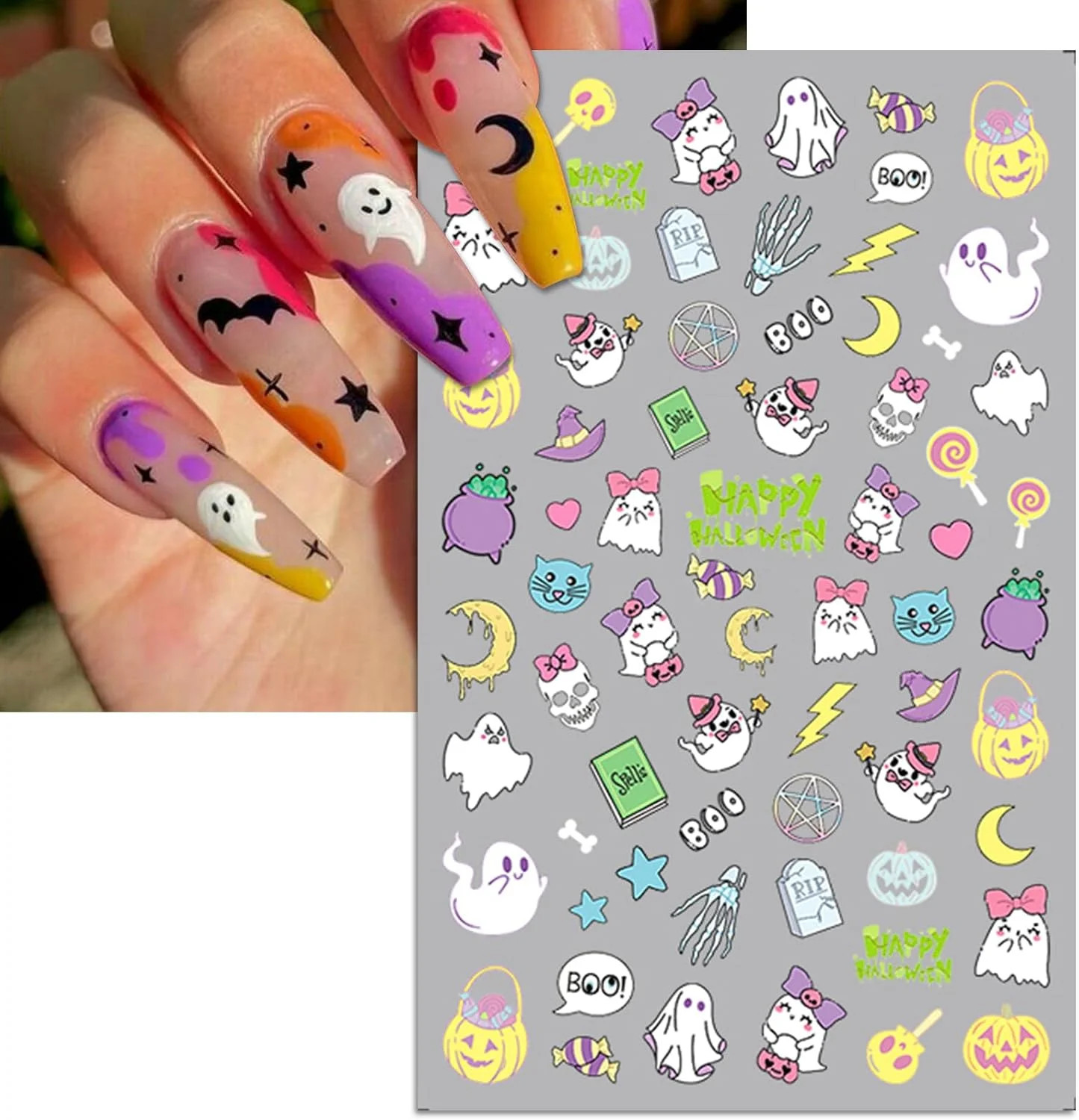 IDDFEVE Halloween Nail Art Stickers, Gradient Pumpkin, Horror Mask Nail Decals,