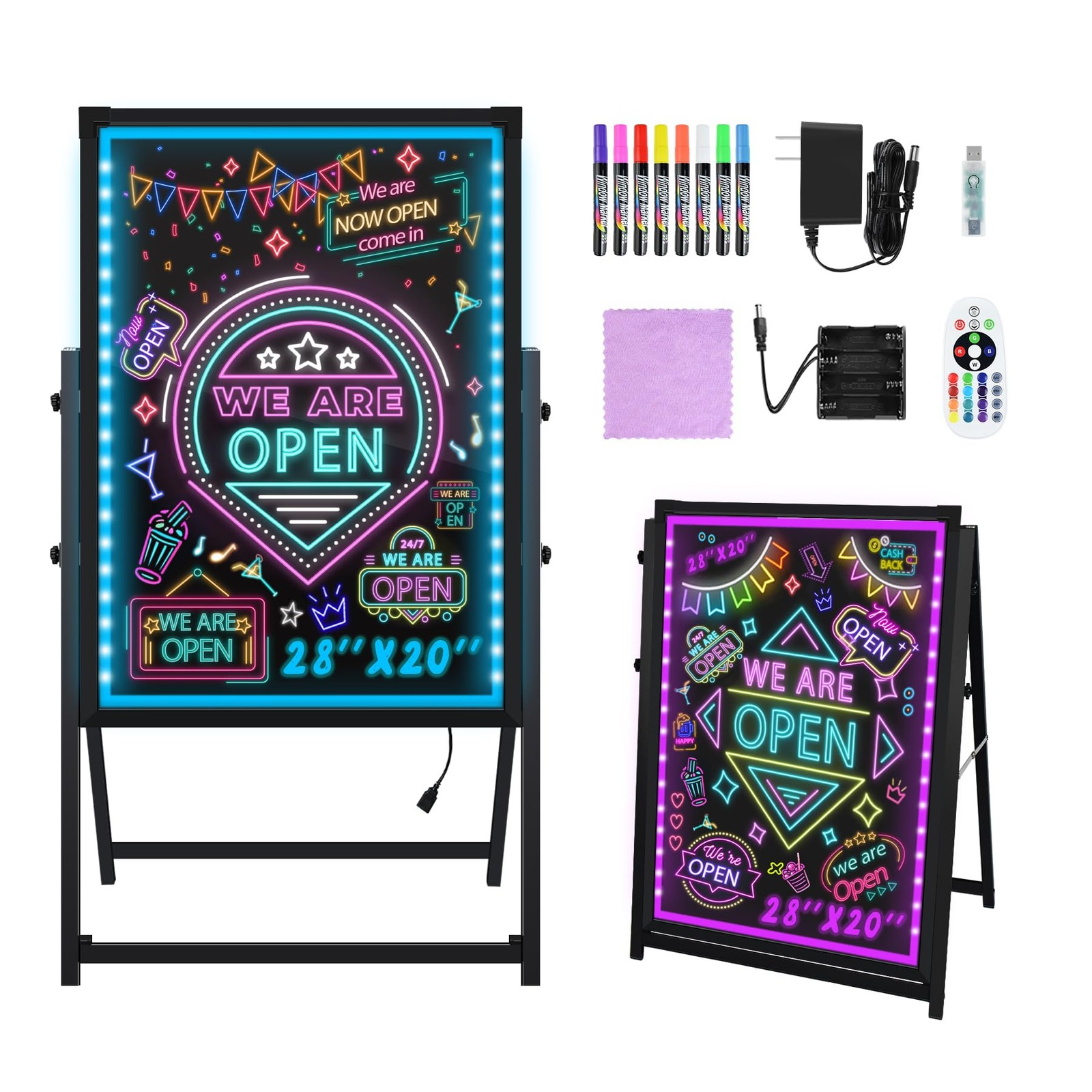 Hosim Standing A-Frame LED Message Writing Board 20"W x 28"H, Colorful 28×20"