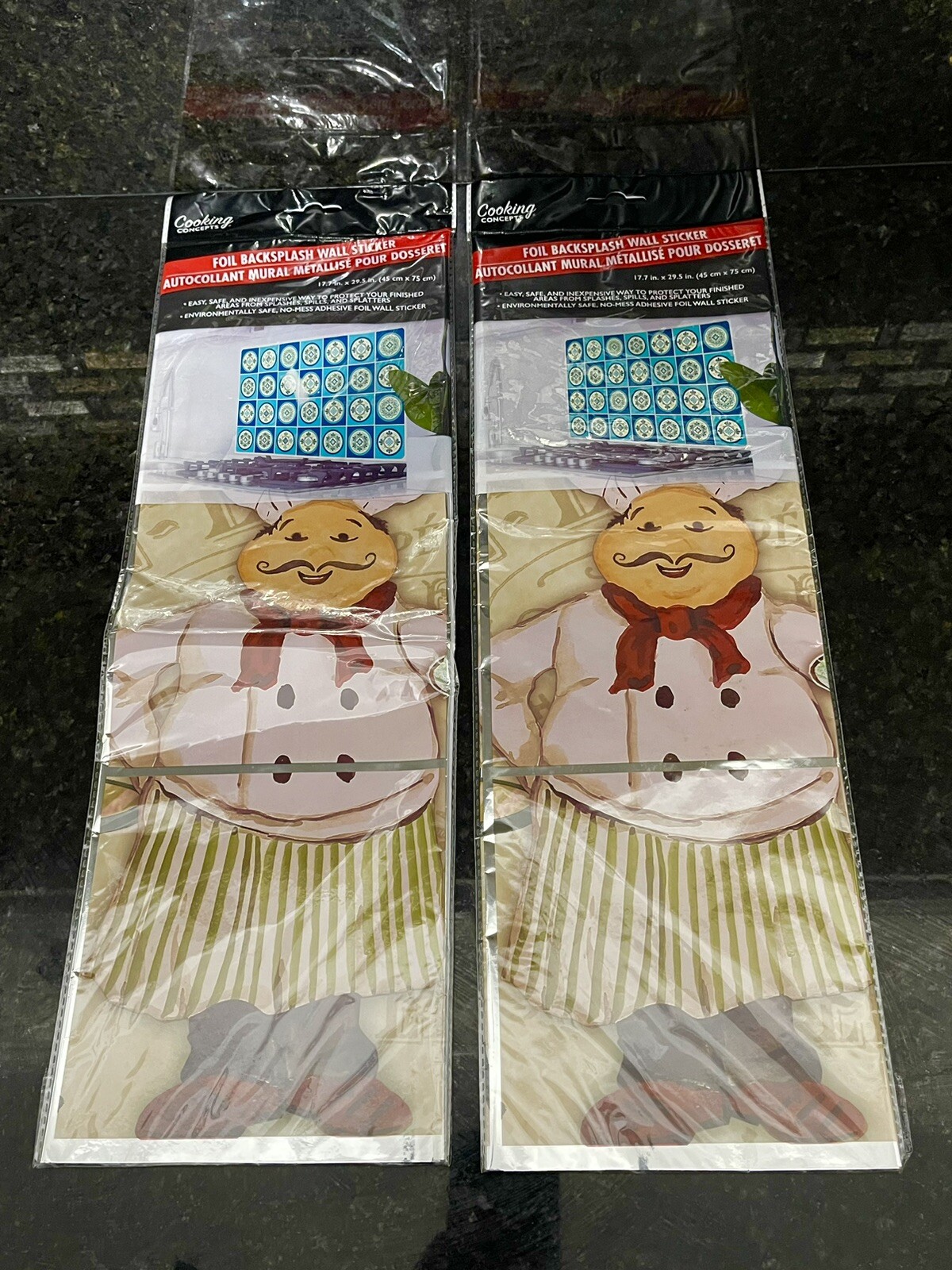 LOT OF 2 CHEF FOIL BACKSPLASH WALL STICKERS BY COOKING CONCEPTS 17.7in.x29.5in