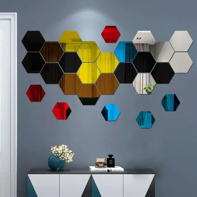 6/12pcs 3D Hexagon Mirror Wall Sticker Rose Gold DIY TV Background Living