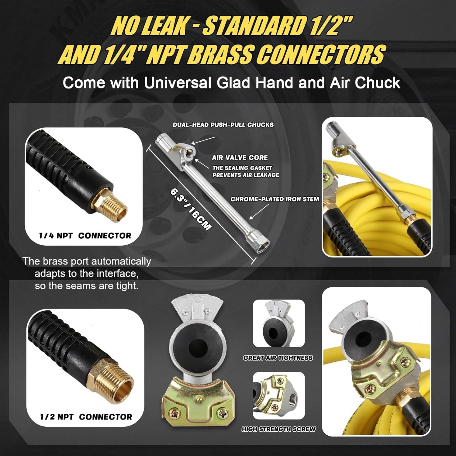 Glad Hand Air Hose Tire Inflator Kit 3/8 in x 50 ft Heavy Duty Hybrid Air Hose f