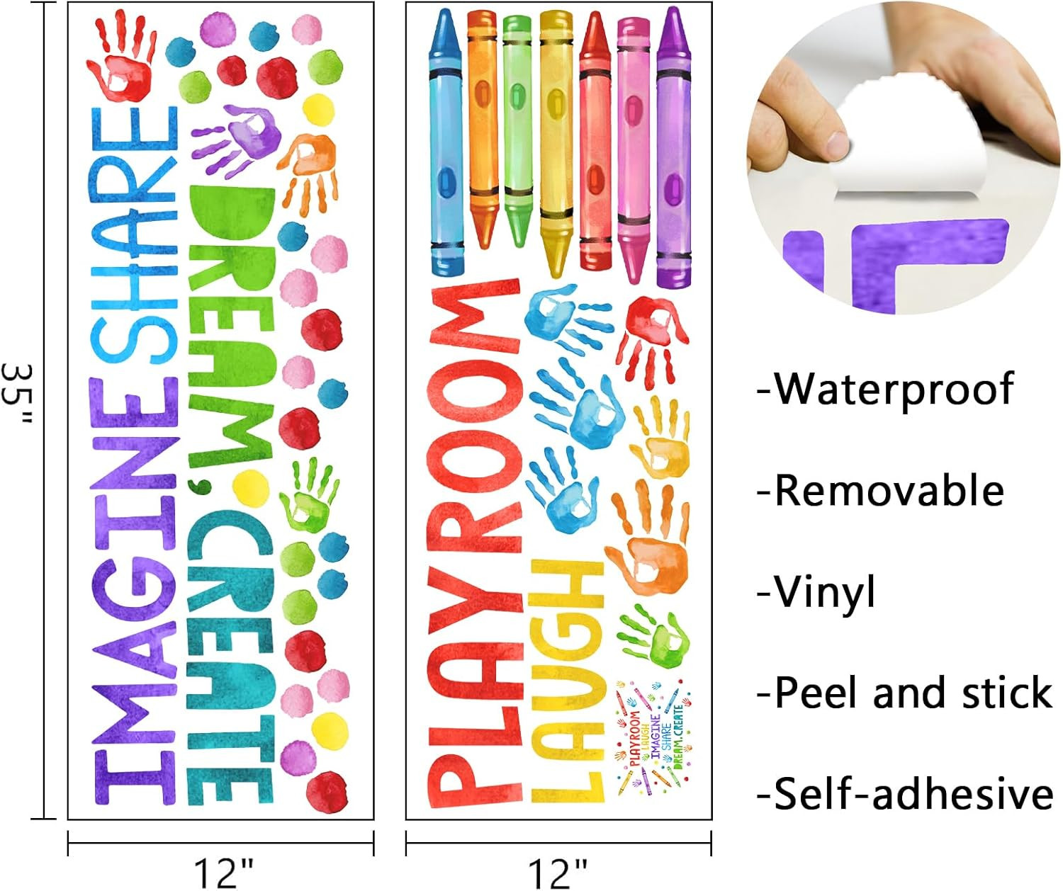 Playroom Wall Decals Stickers, Crayon Handprint Polka Dots Inspirational Quote N