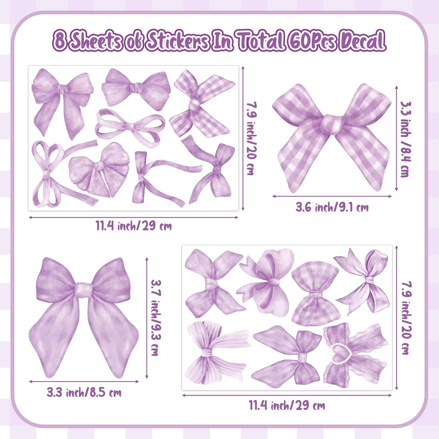 Purple Bow Wall Stickers- 60 Pcs Bowtie Decals Room Decor for Girls | Waterproof