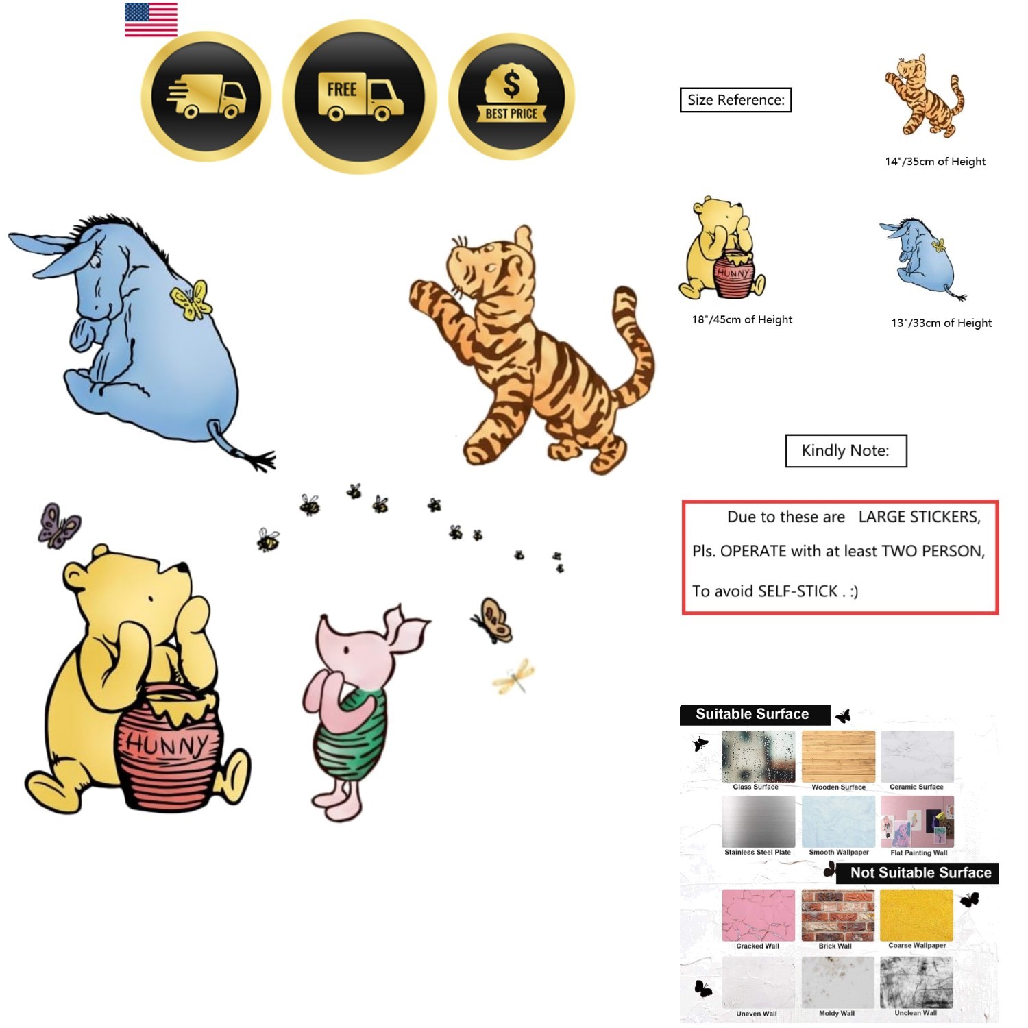 Winnie Pooh Wall Decals Nursery Decor Kids Room Removable Waterproof