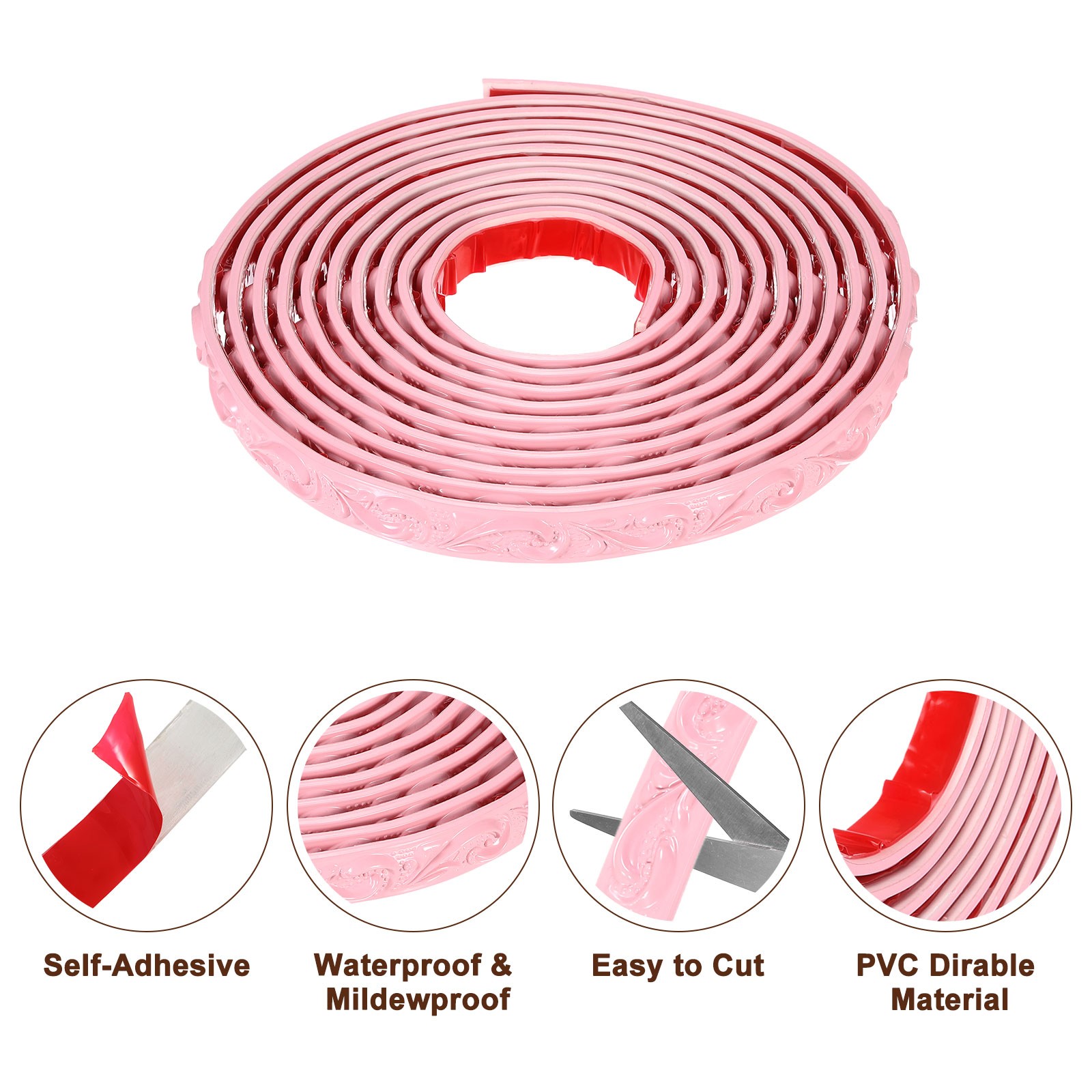 Flexible Wall Trim Molding Trim 16.4Ft x 0.79Inch Self Adhesive, Wave Pink