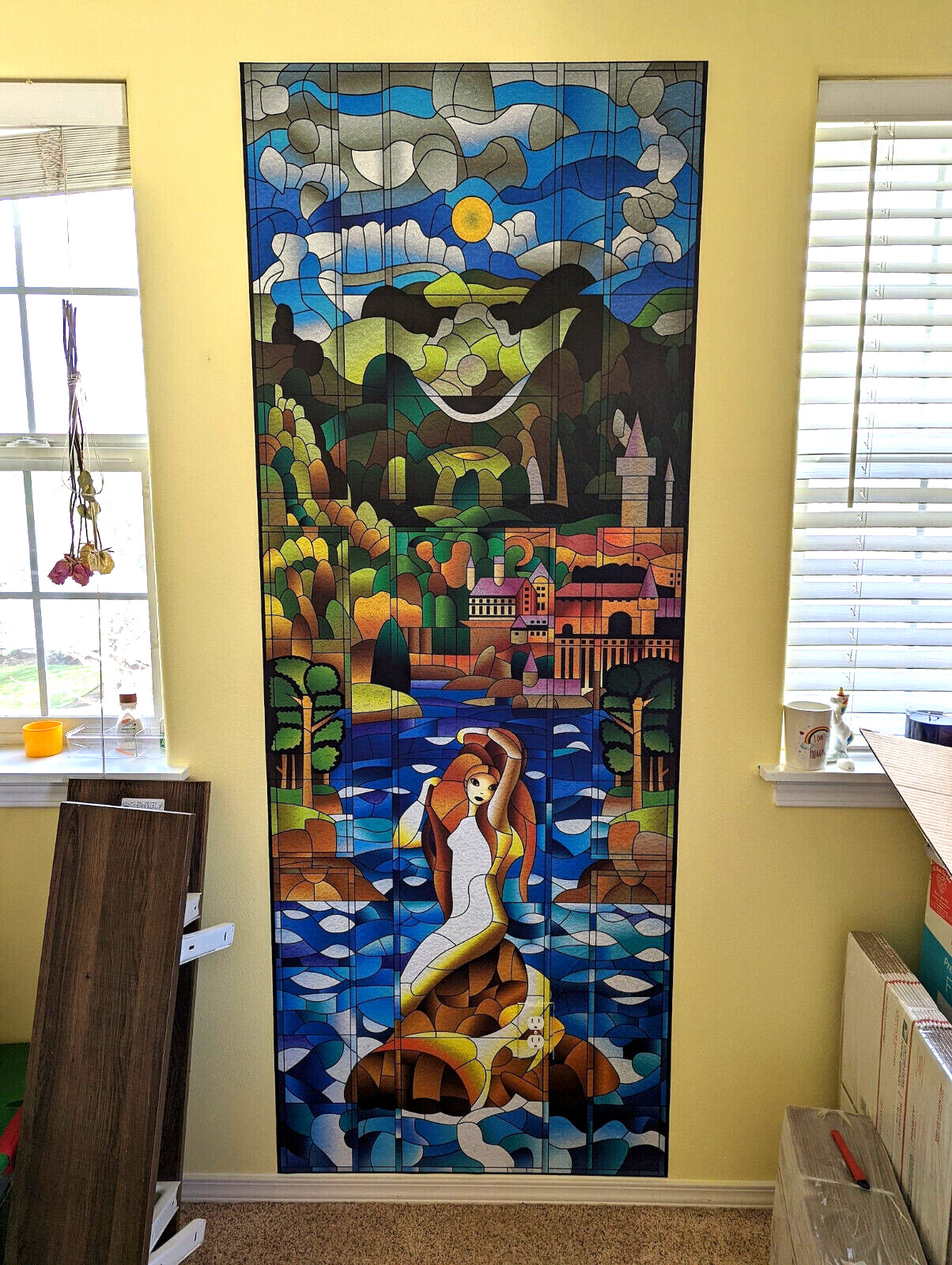 Mermaid Window Stained Glass -Door Mural, Glossy Laminated Sticker, Single piece