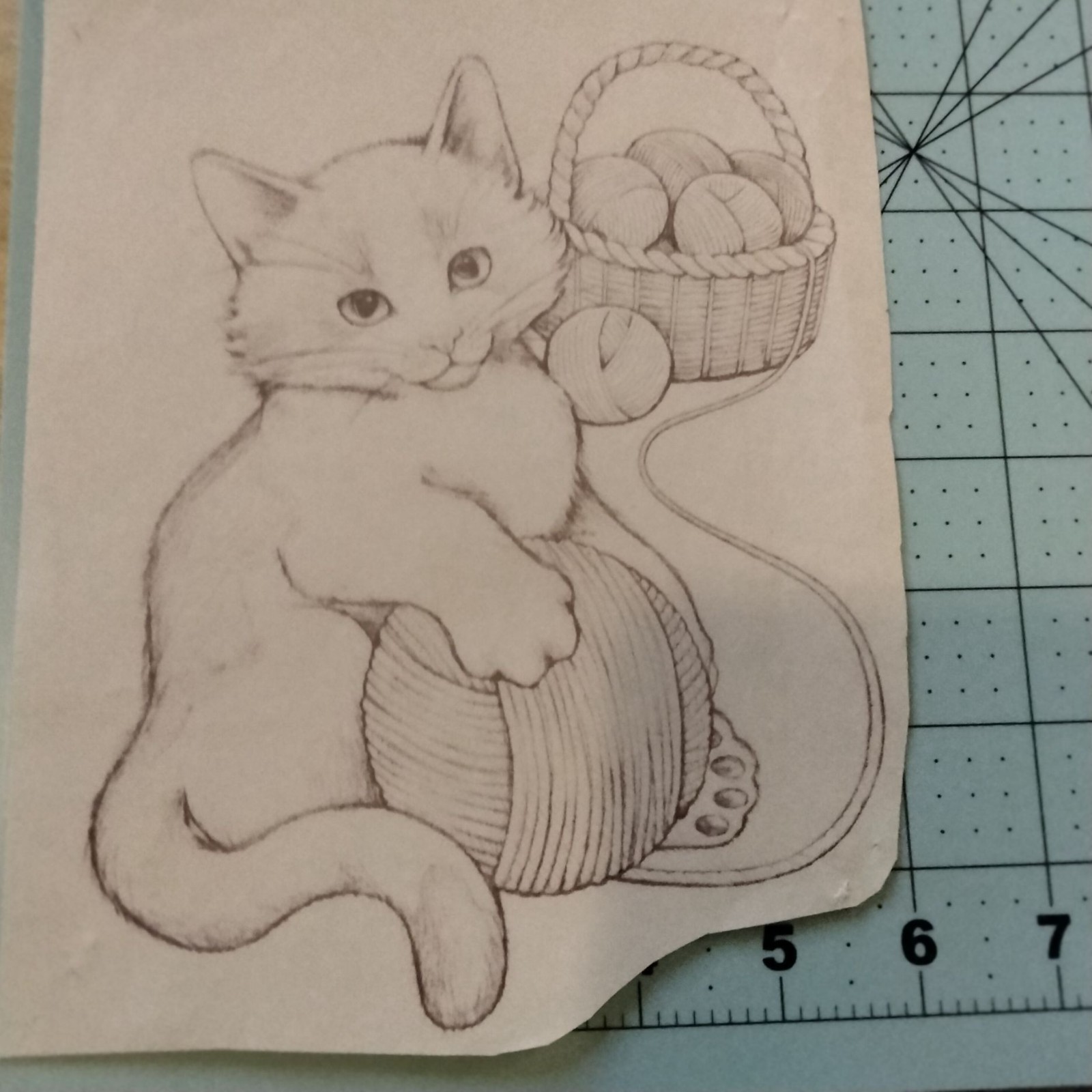 Iron On Cat Transfer 6 x 8 Inches Playful Kitten Yarn Basket Design