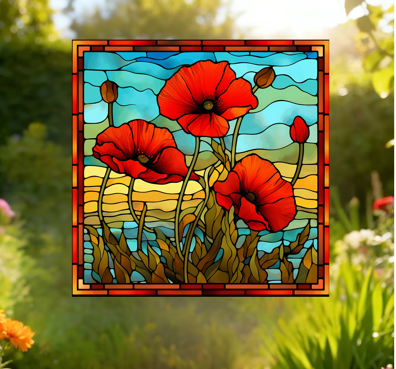 Poppy Faux Stained-Glass WINDOW CLING Size 10.6" Arch Shape ~ Vinyl