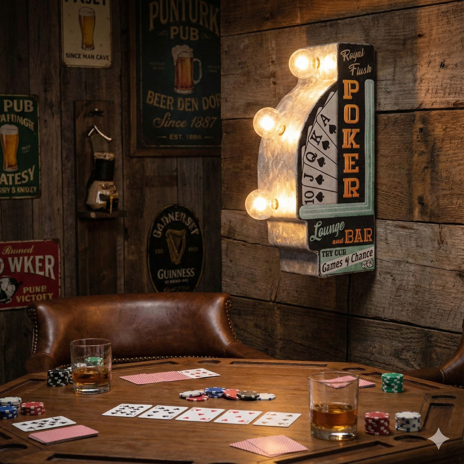 Poker Lounge and Bar Double-Sided Retro Vintage Inspired LED Light Sign Decor