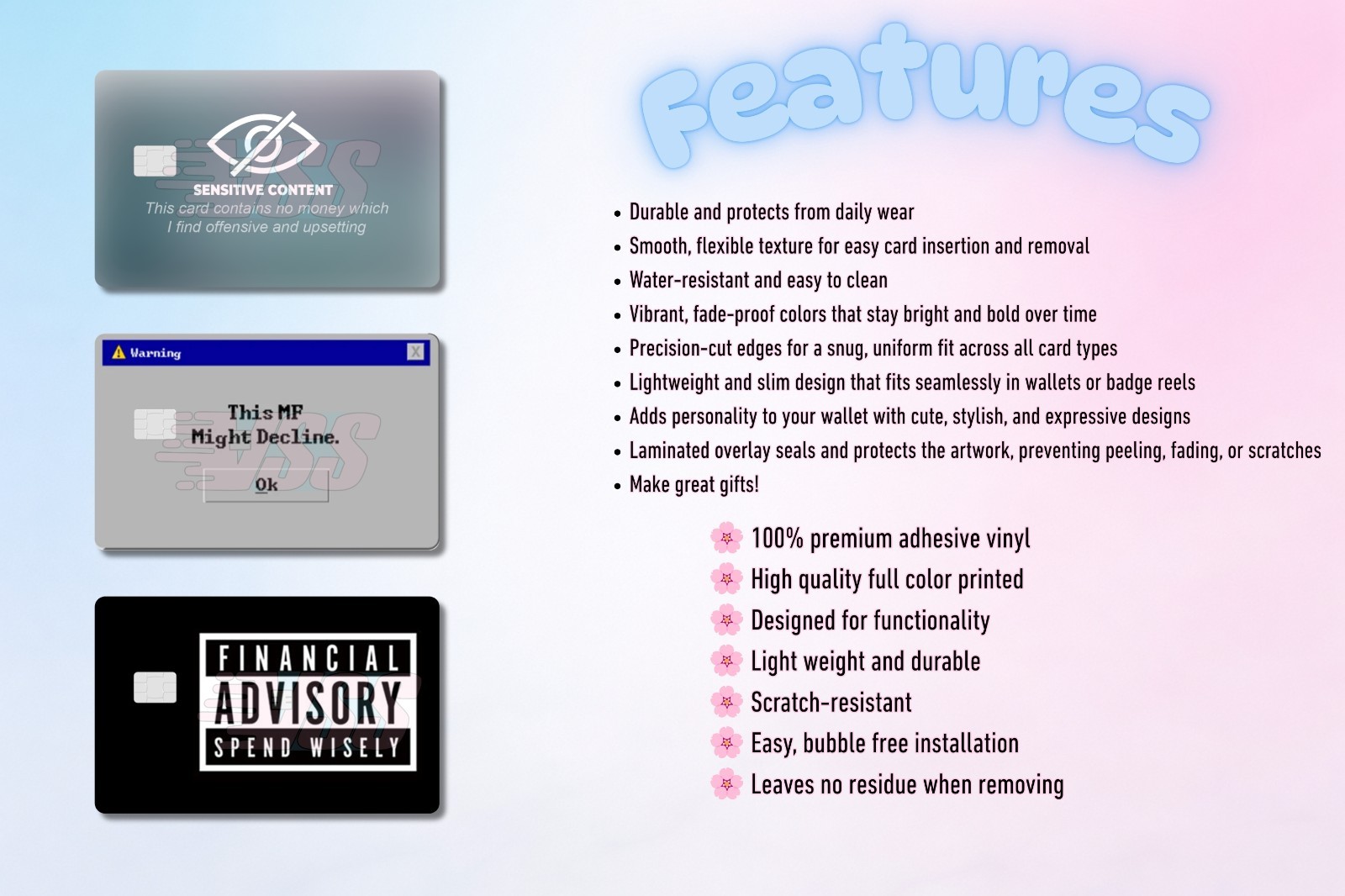 3‑Pack Financial Inspired Card Skins –Vinyl Credit & Debit Card Covers | Durable