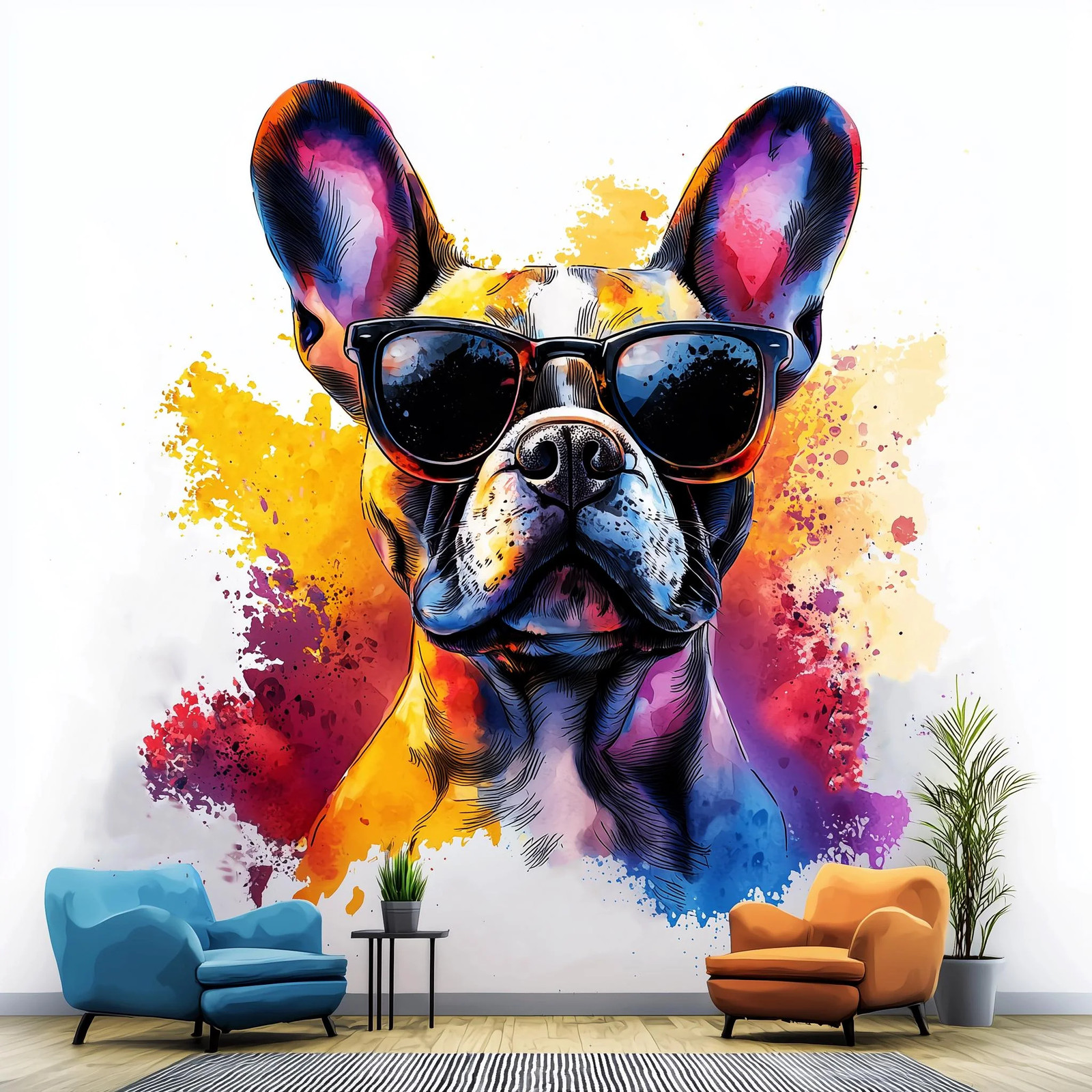 Chic French Bulldog Wall Decal with Stylish Sunglasses | Colorful Watercolor