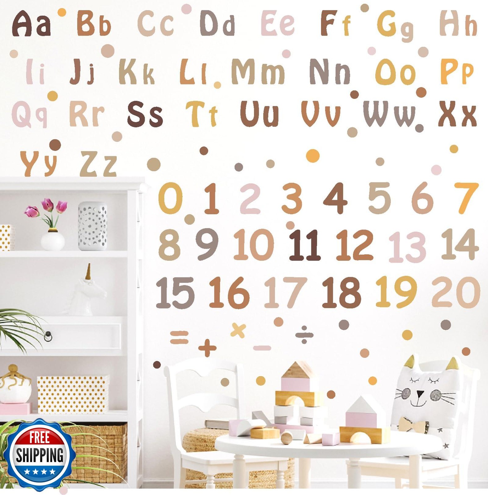 Boho Alphabet Wall Decals Neutral Number Wall Decals Peel and Stick Watercolo